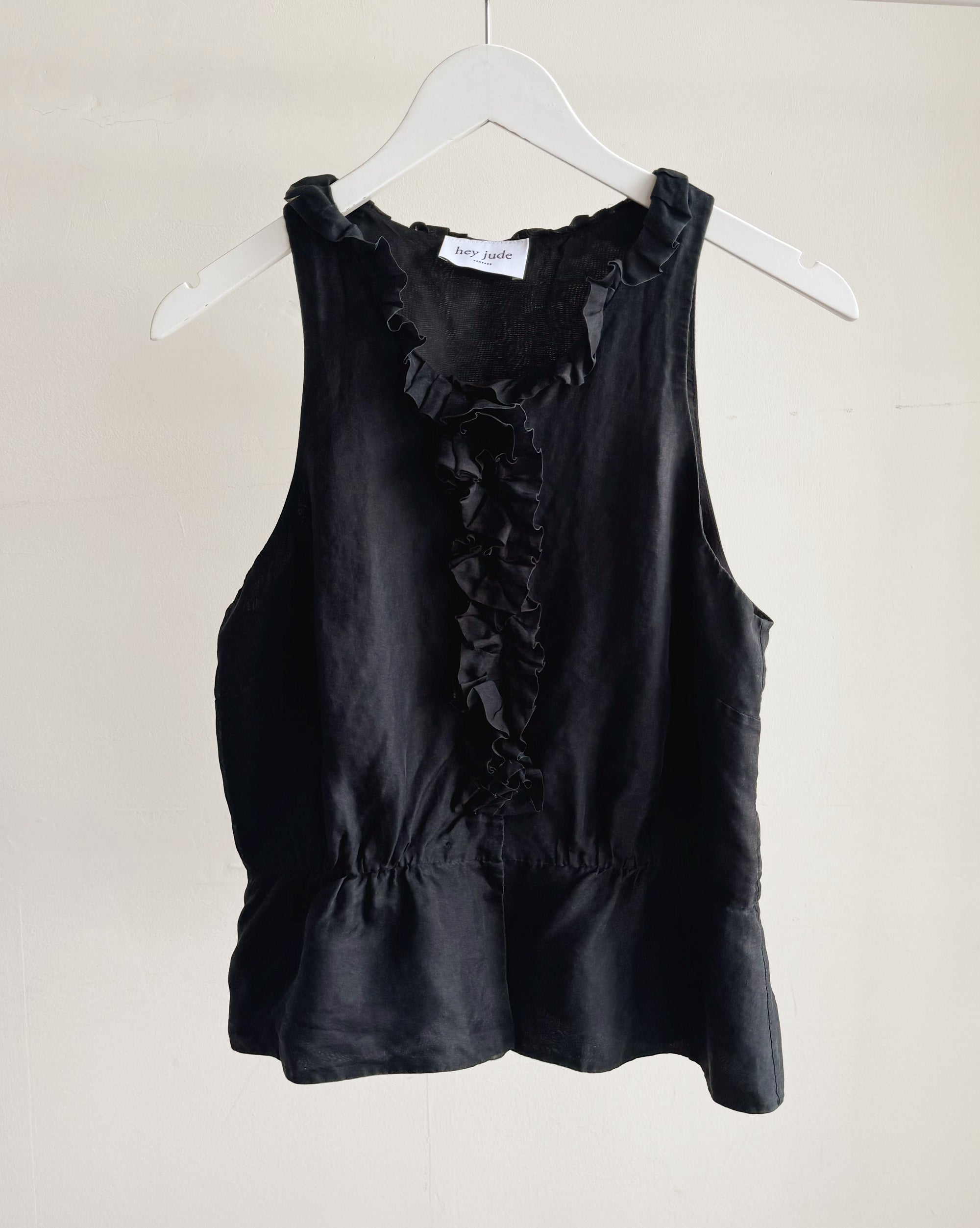 Onyx Silk Ruffle Sleeveless Blouse