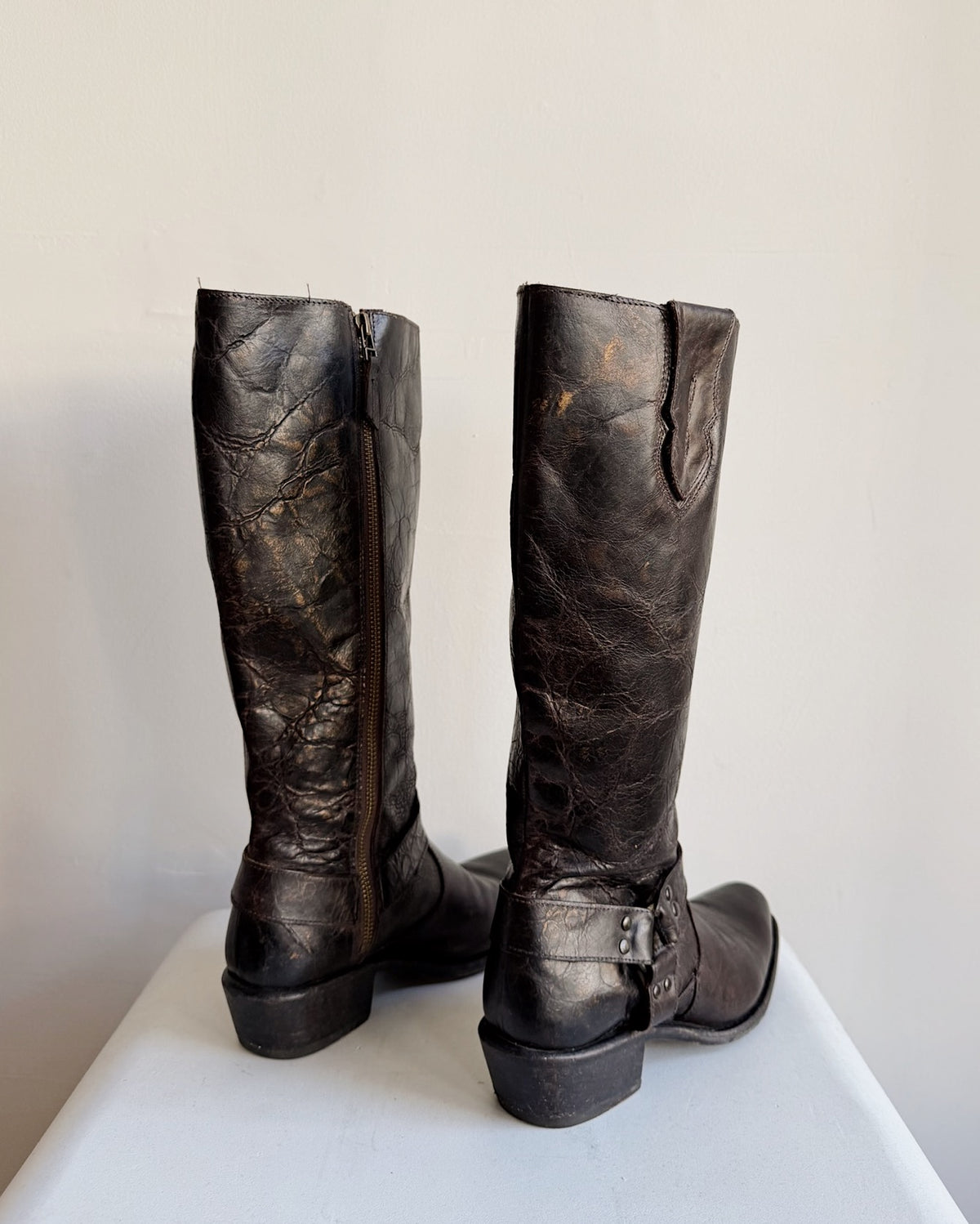 Dark Brown Leather Harness Boots | Size 7.5