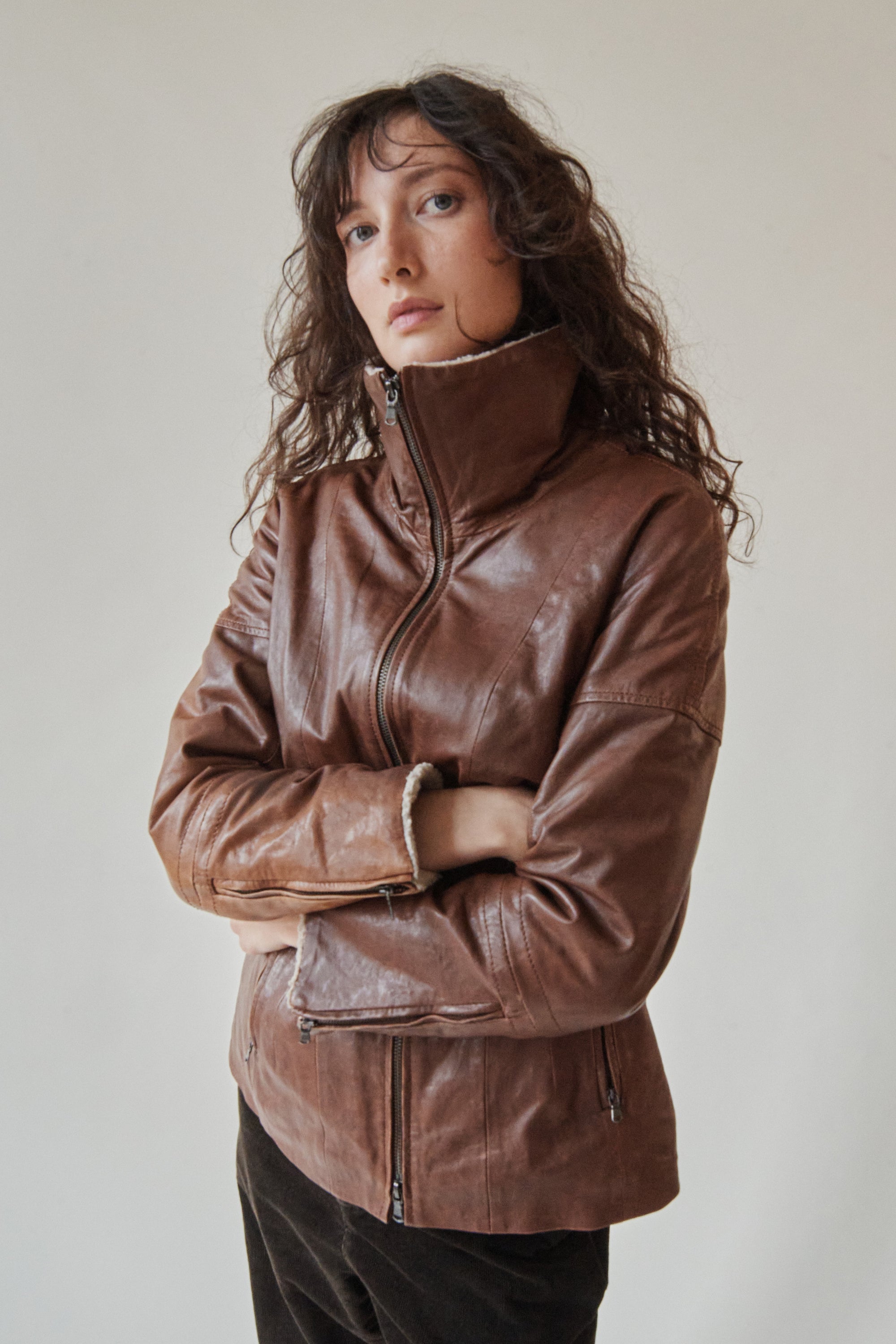 Brown Shearling Collar Leather Coat