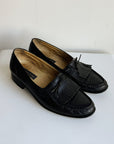 Onyx Fringed Leather Slip On Loafers | Size 8