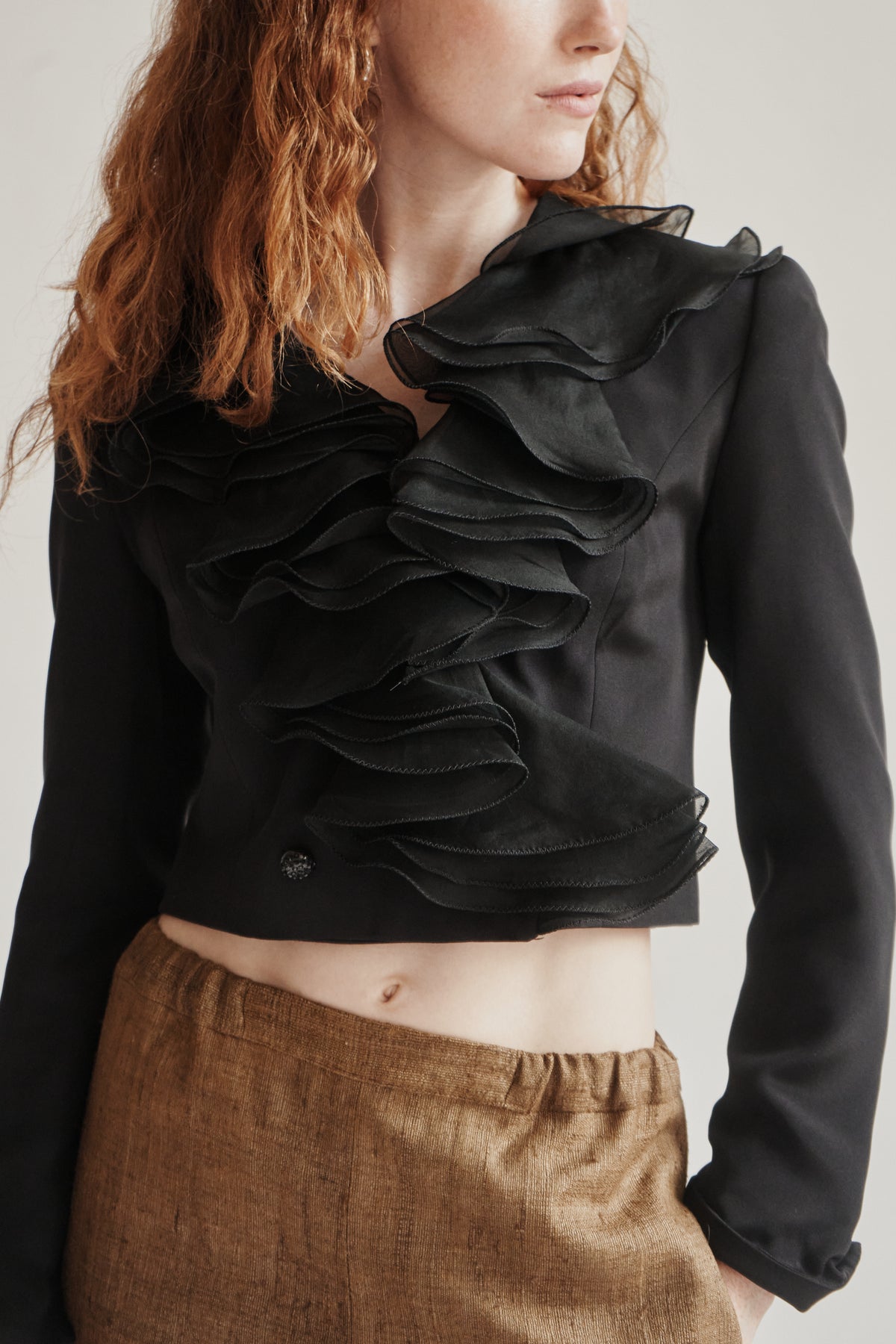 Black Silk Taffeta Casscading Ruffle Top - Hey Jude