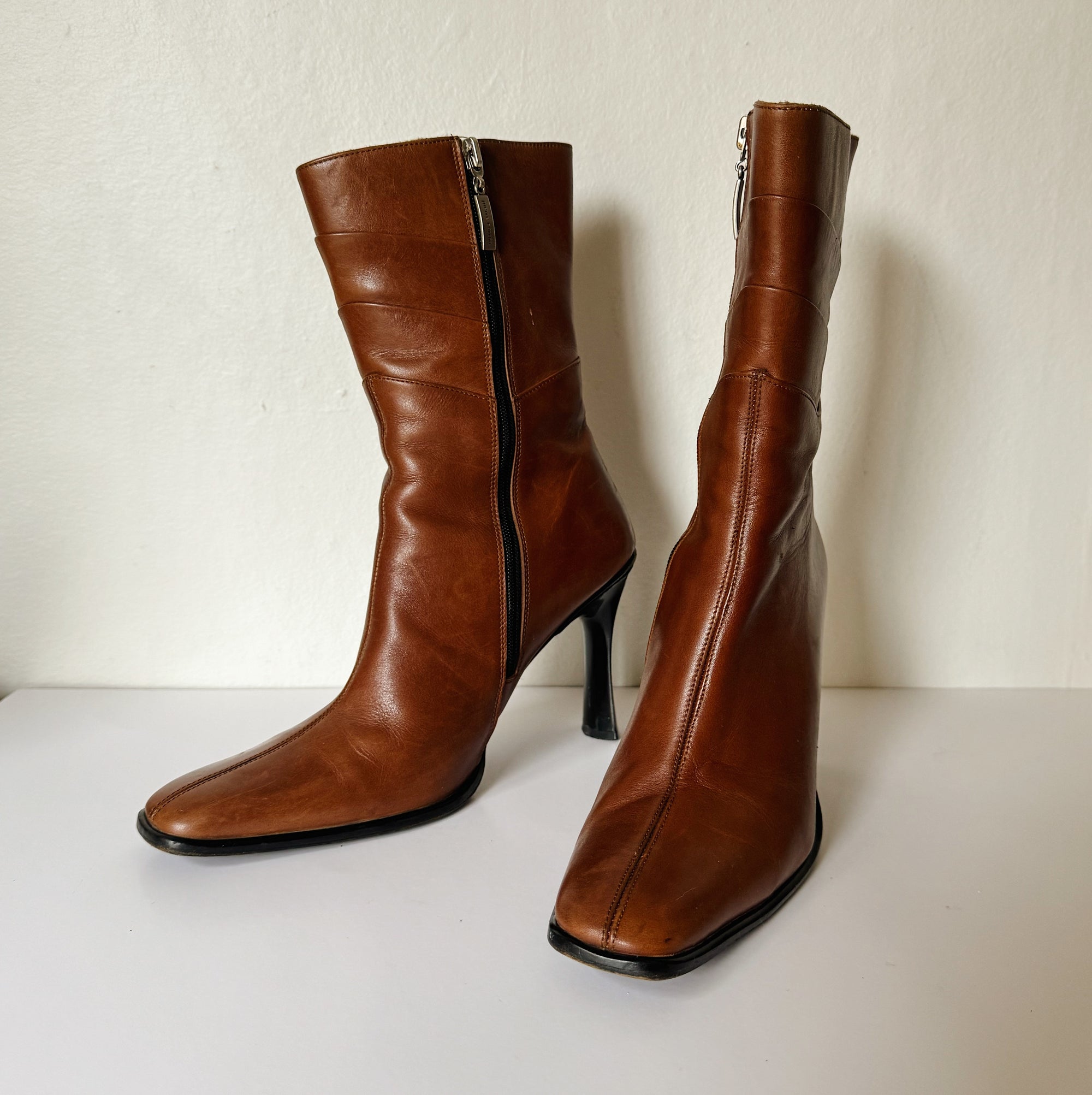 Tobacco Leather Heeled Mid-Calf Boots | Size 38 - Hey Jude