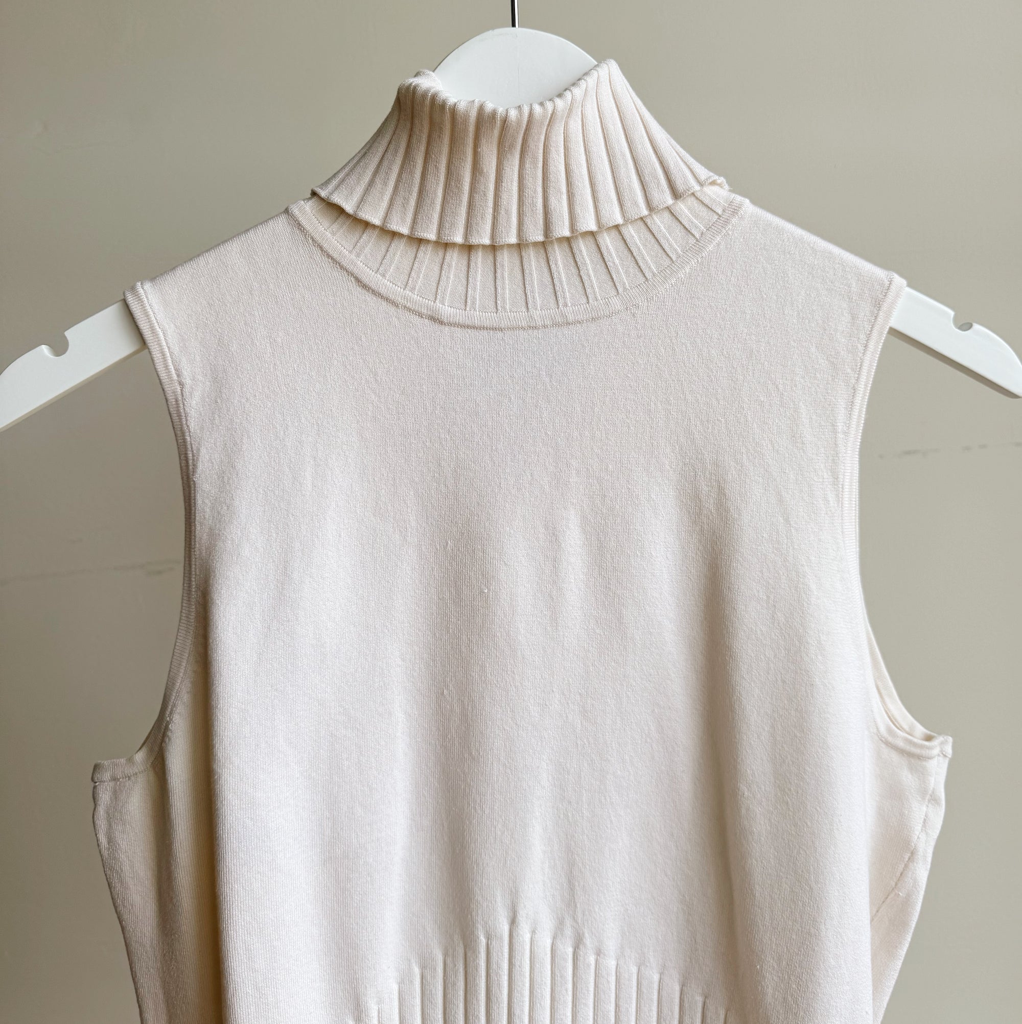Ivory Silk Ribbed Sleeveless Turtleneck