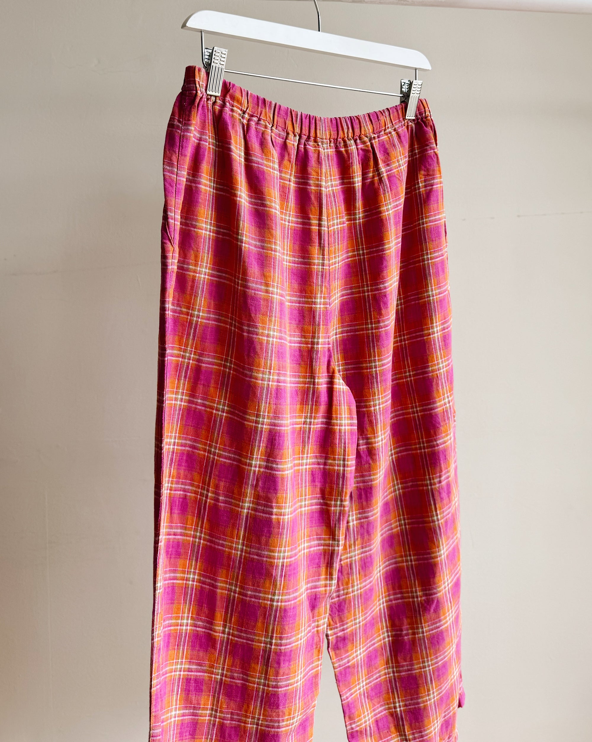 Fuchsia Plaid Linen Easy Pants