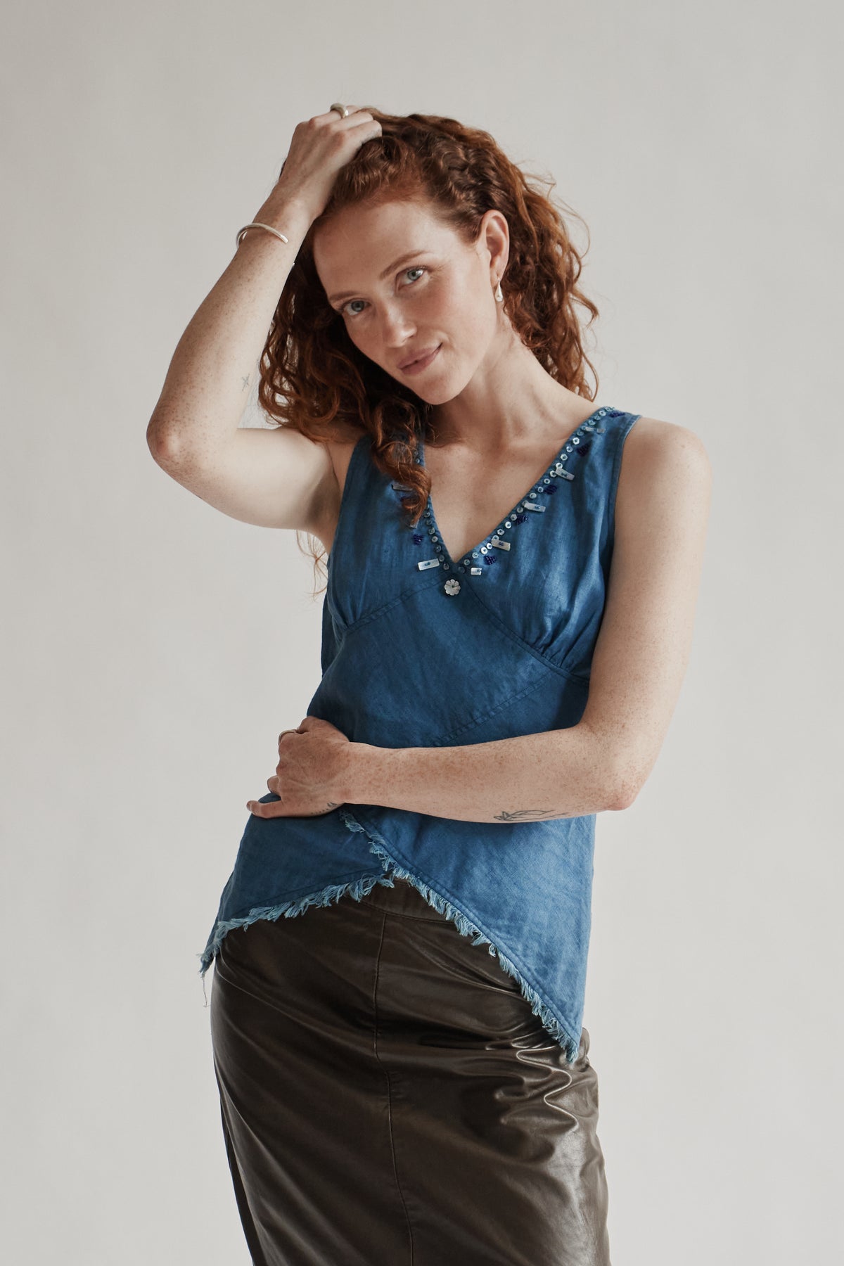 Aqua Linen Asymmetrical Beaded Tank