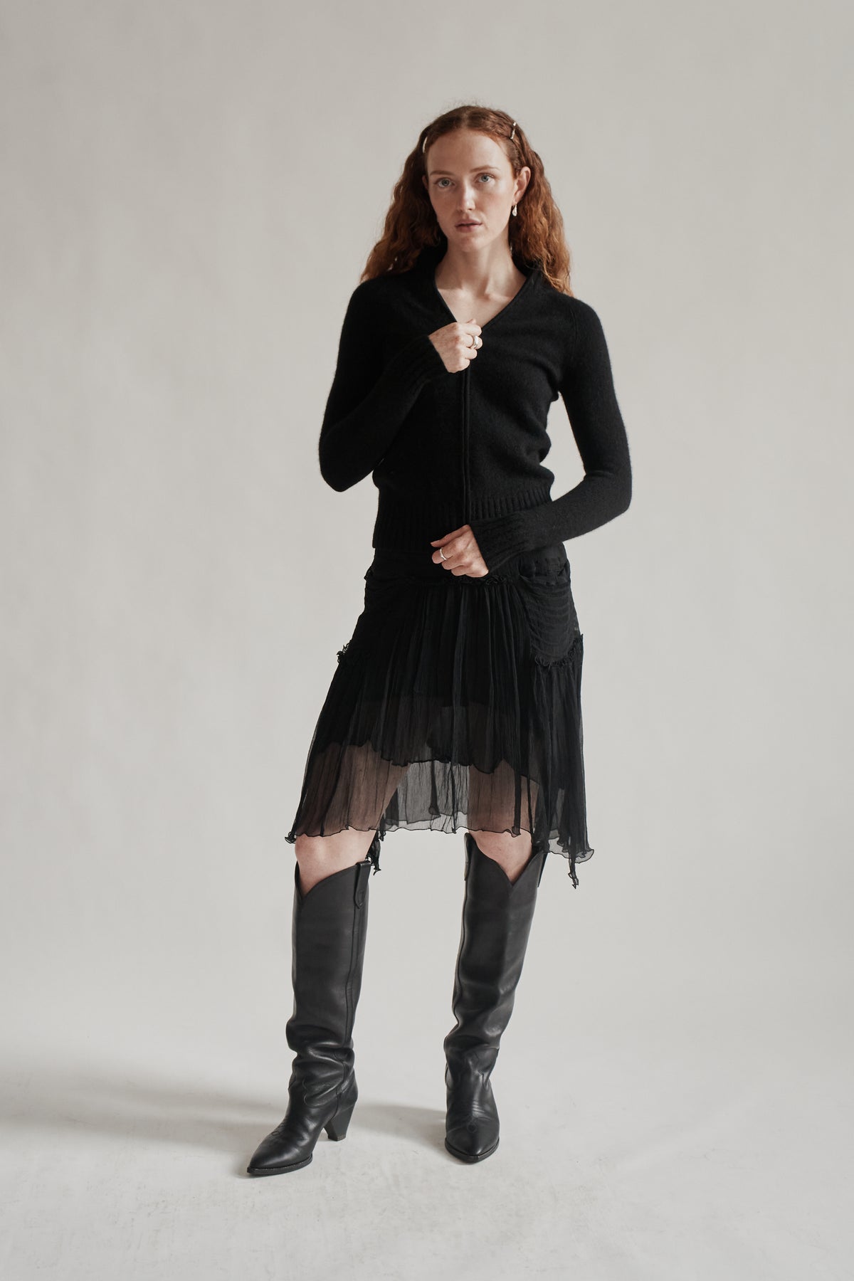 Ink Silk Sheer Plisse Midi Skirt