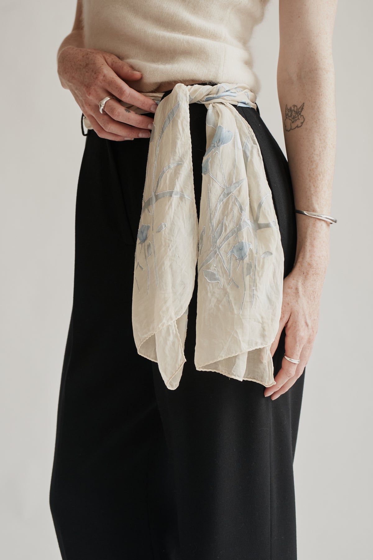 Cream Floral Narrow Silk Scarf