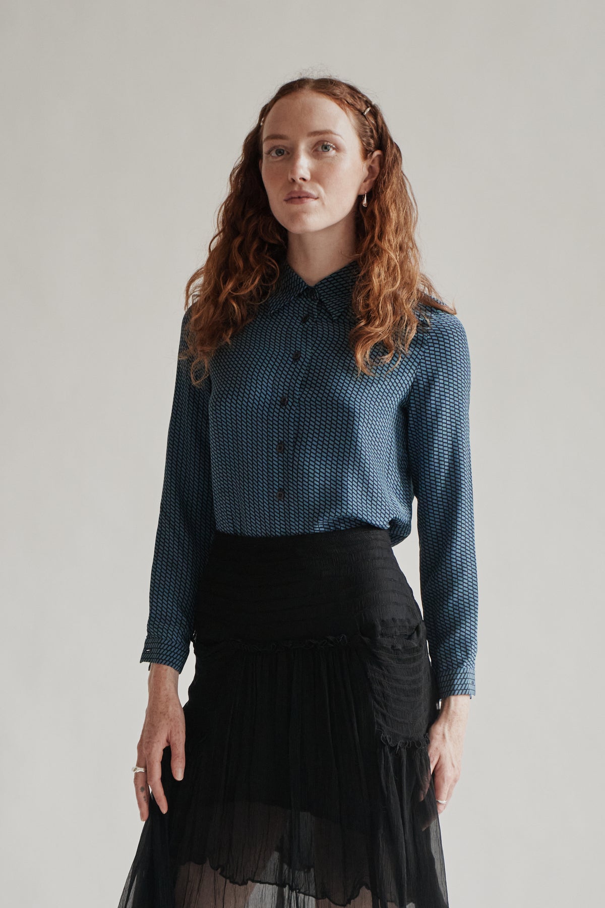 Azure Geometric Silk Blouse
