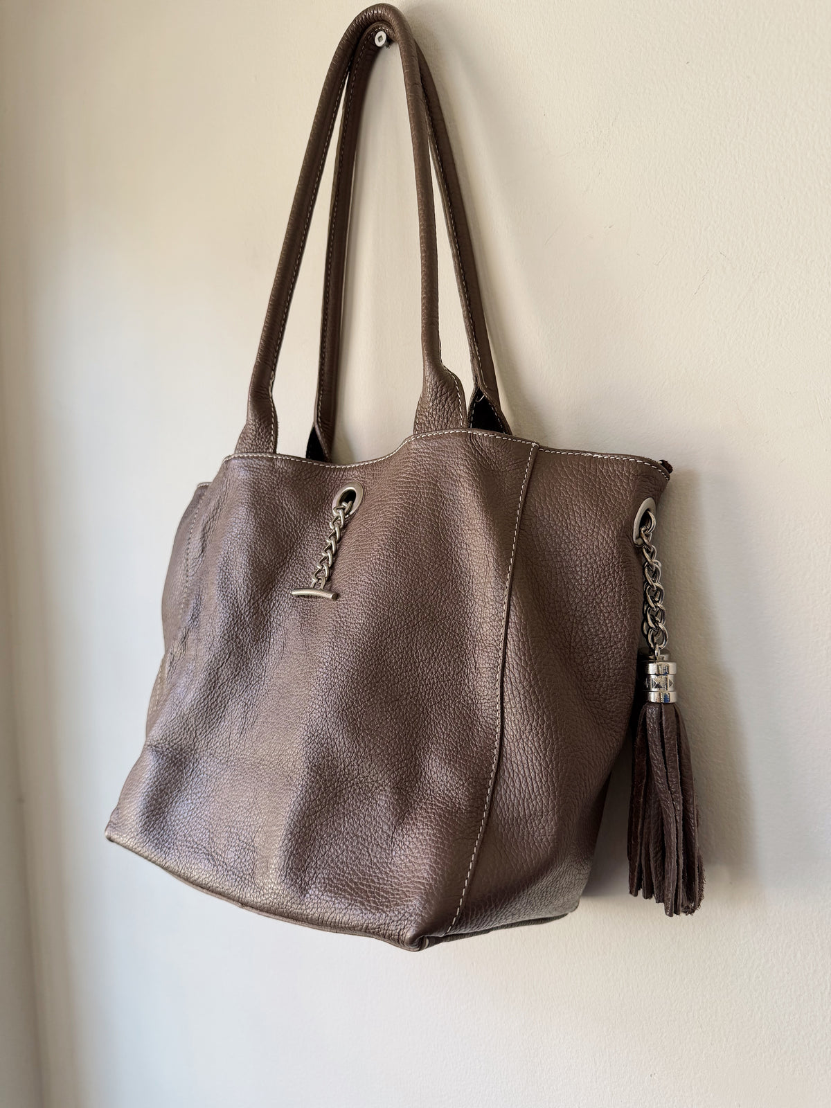 Taupe Leather Double Handle Shoulder Bag