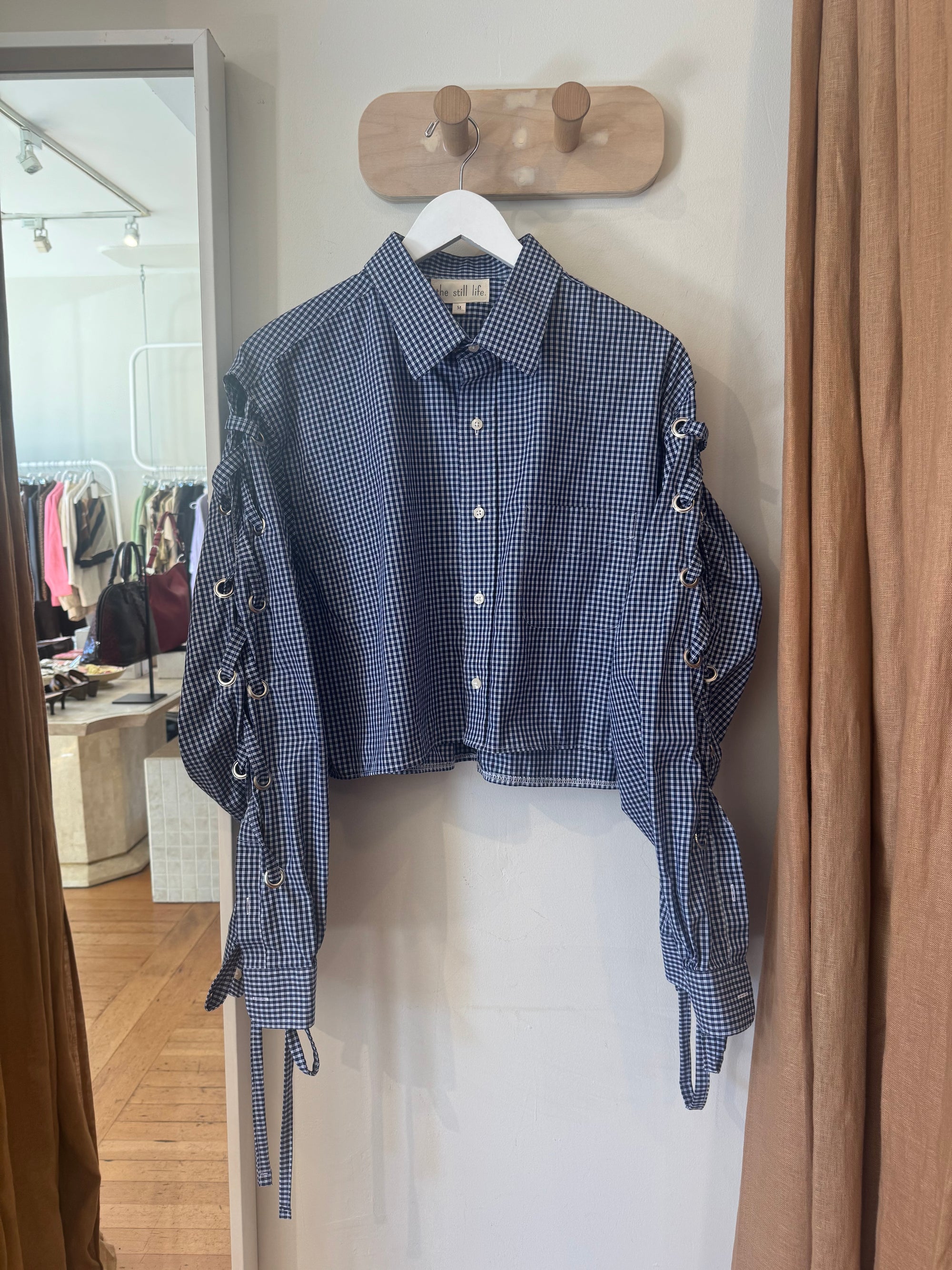 The Still Life | Maude Top in Ruched Lace-Up Blue Gingham - Hey Jude