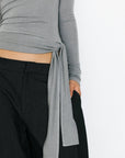 Cubic | One Shoulder Long Sleeve Tie Top in Gray