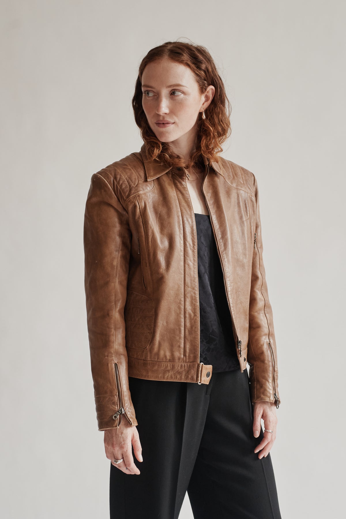 Caramel Structured Leather Moto Jacket