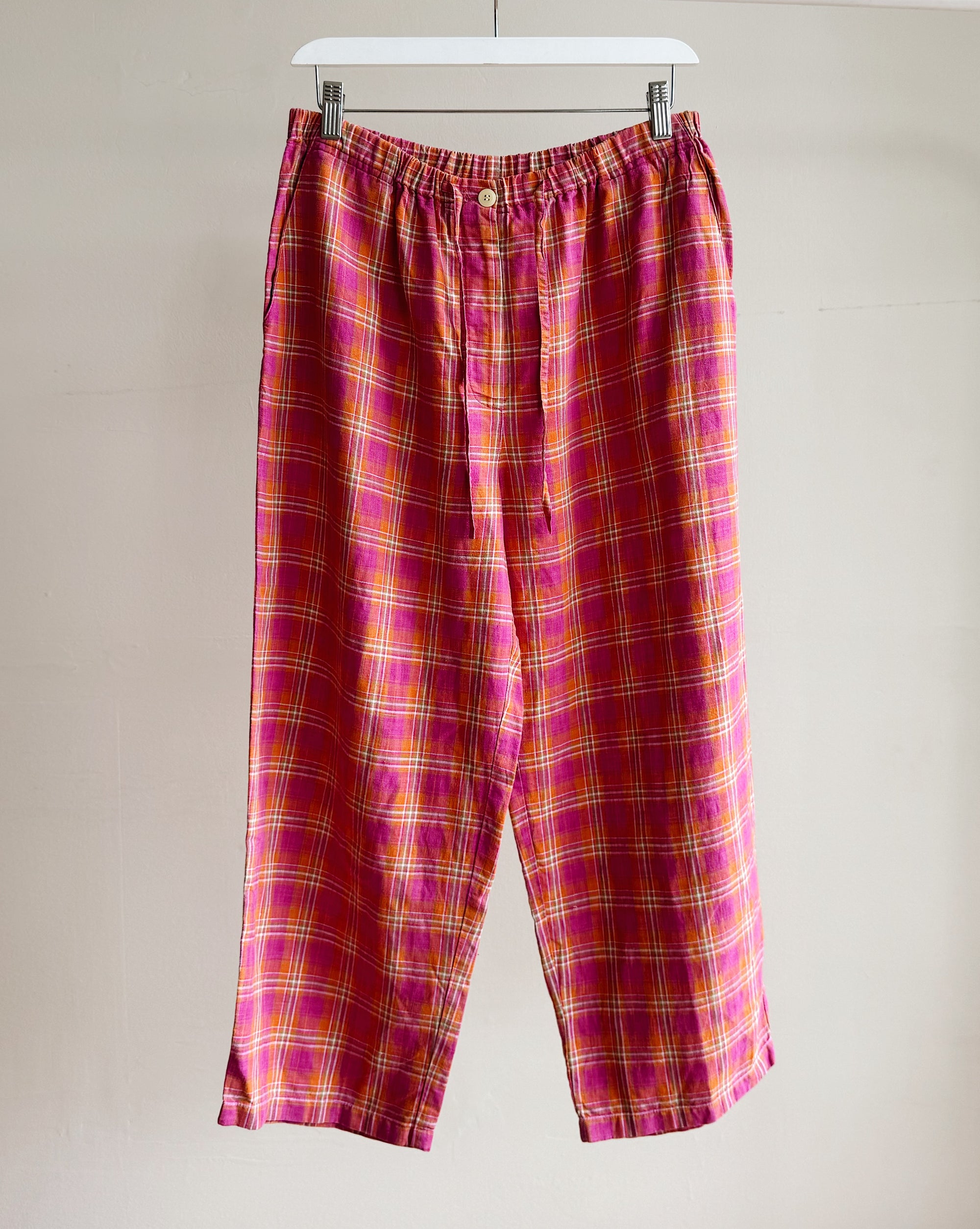 Fuchsia Plaid Linen Easy Pants