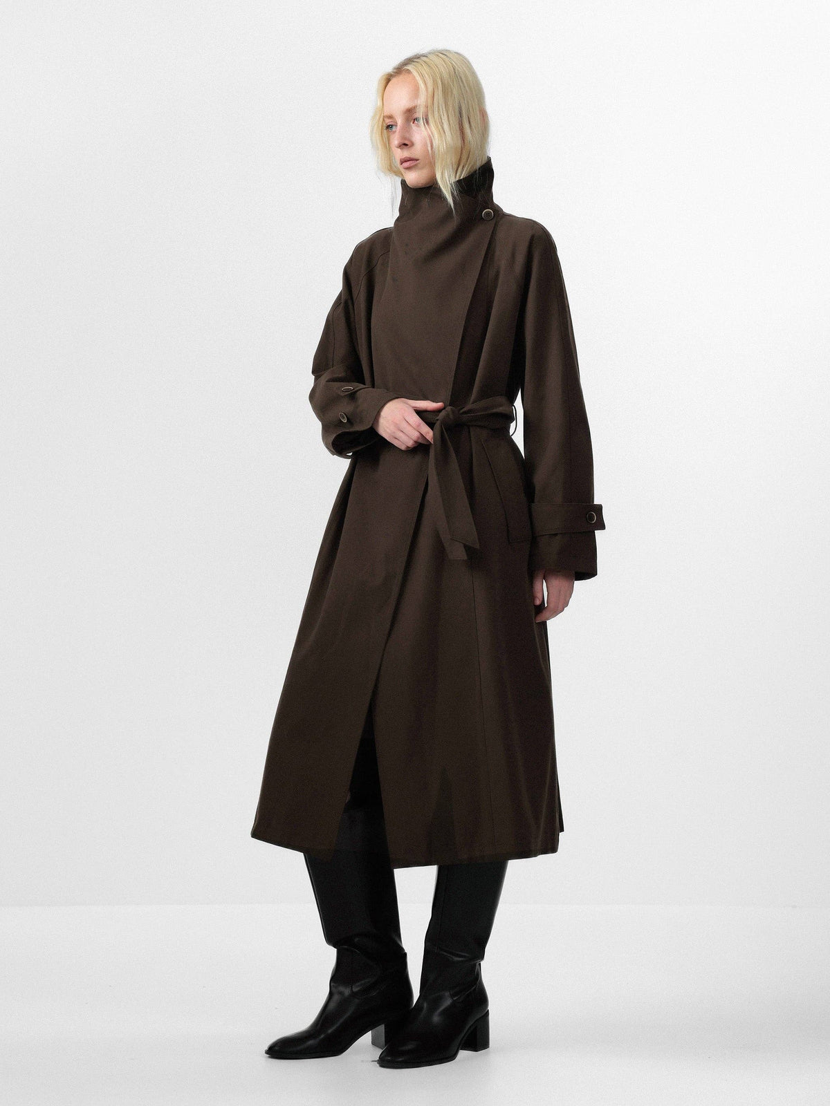CUBIC | Stand Collar Belted Long Trench Coat in Reddish Brown