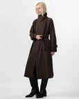 CUBIC | Stand Collar Belted Long Trench Coat in Reddish Brown