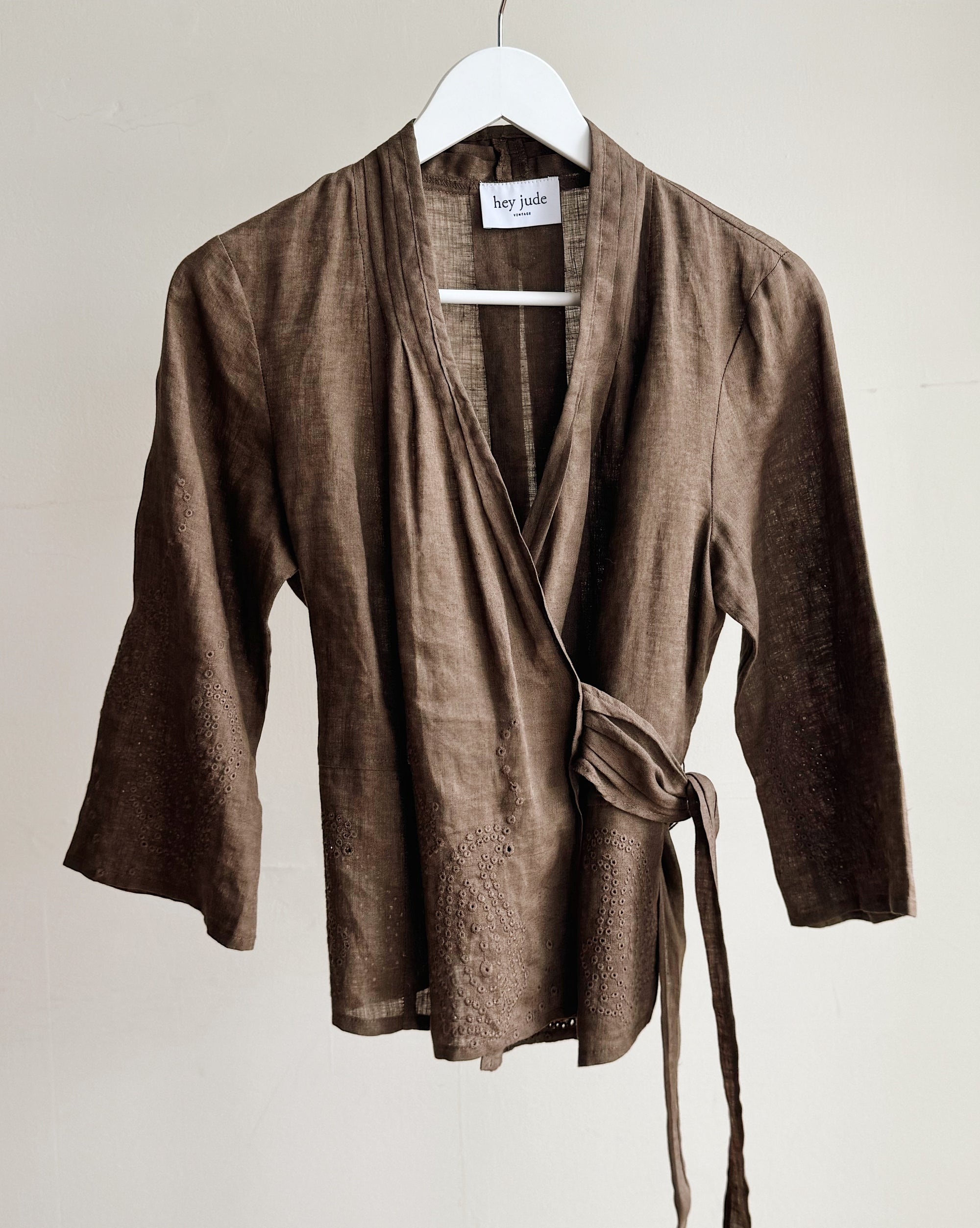 Espresso Linen Eyelet Wrap Top