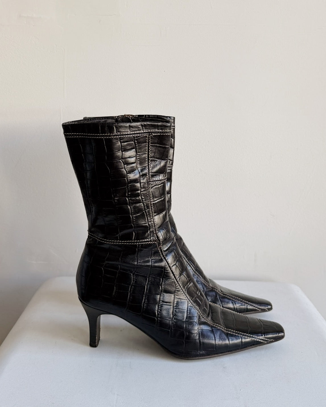 Black Croc-Embossed Leather Ankle Boots | Size 6