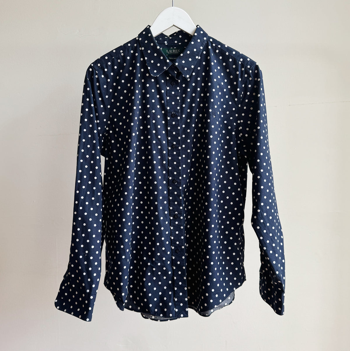 Dots Button Up RL White + Navy Polka Dot Button Up – Hey Jude