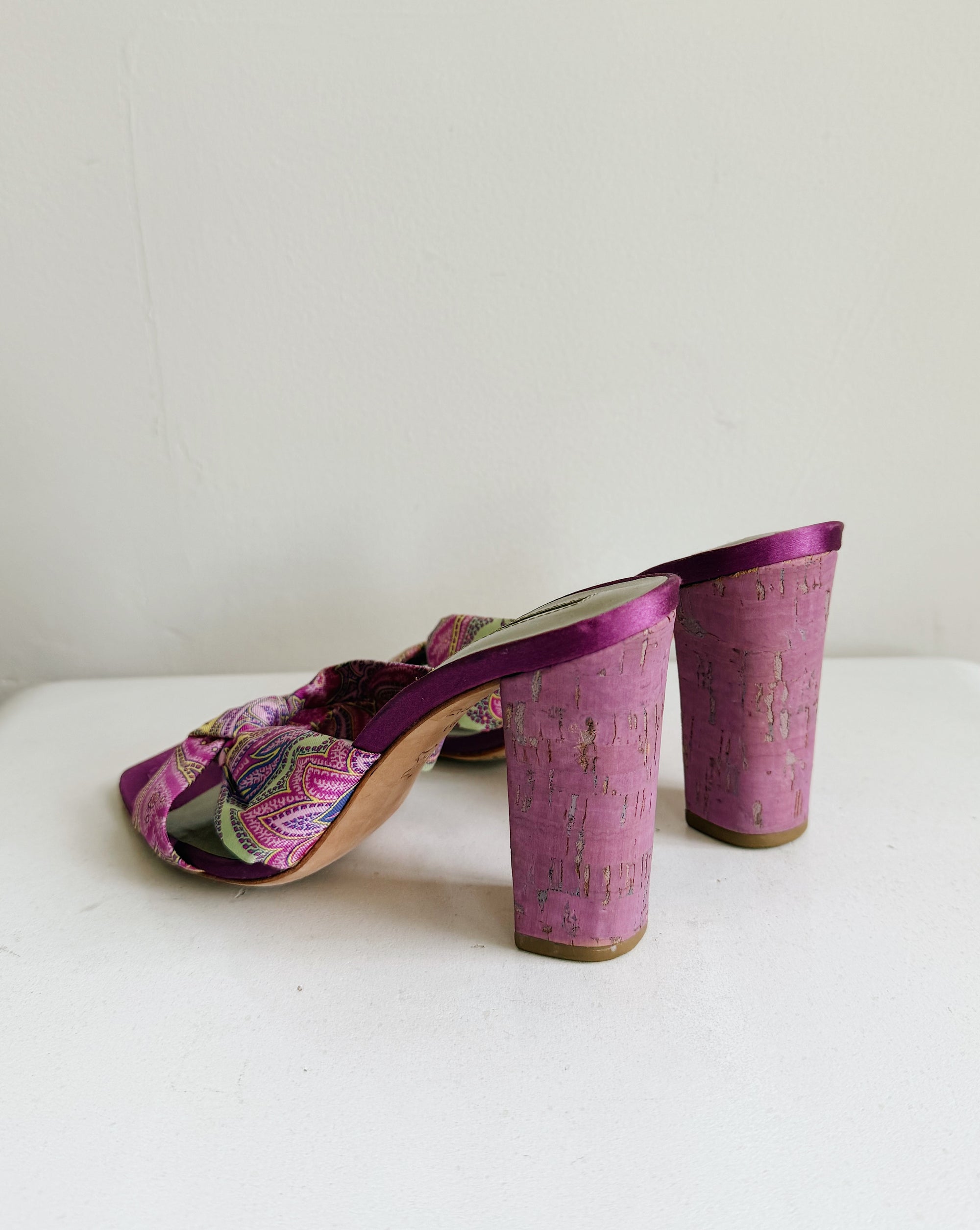 Magenta Paisley Satin Knotted Mules | Size 6