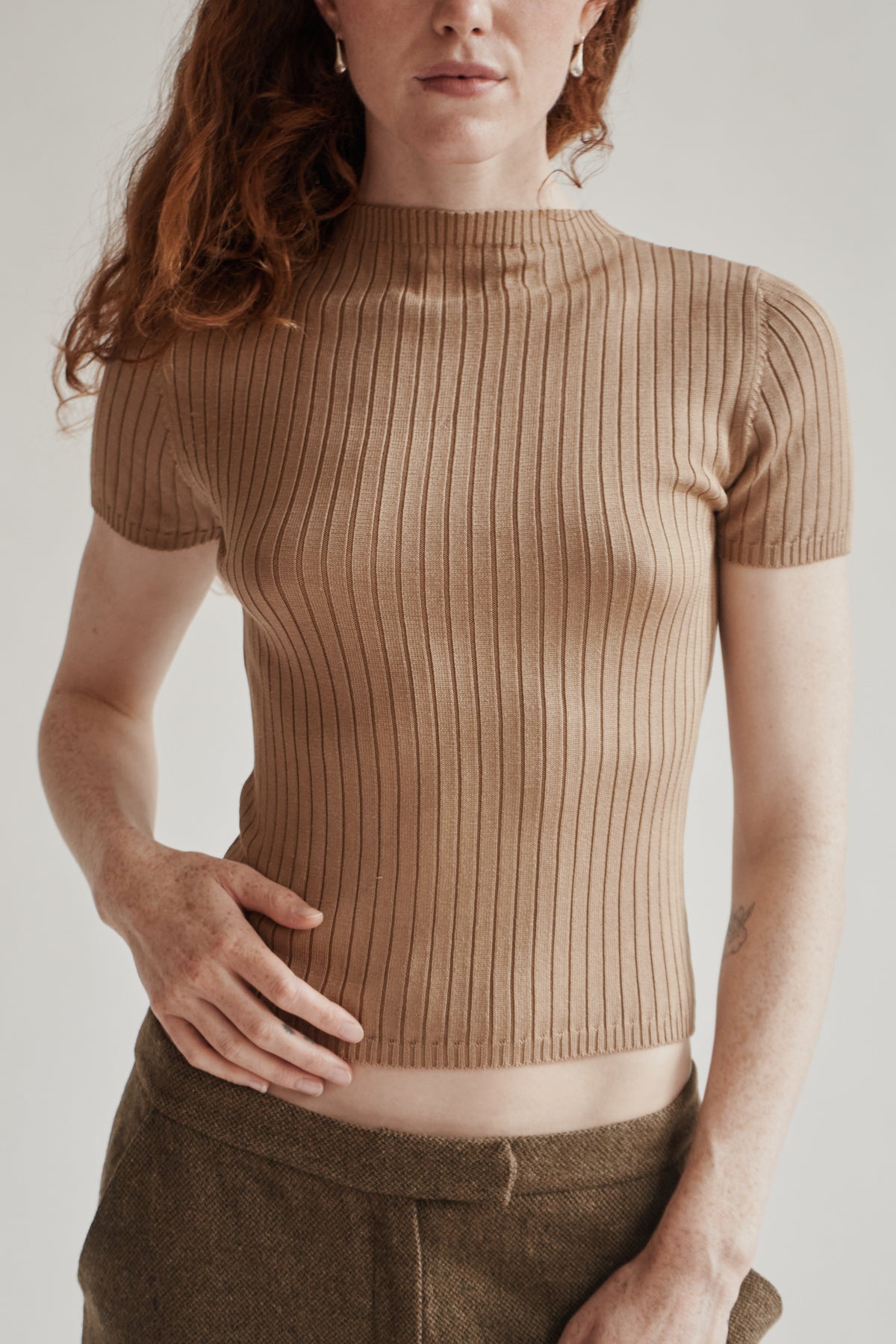 Tan Silk Ribbed Top - Hey Jude