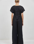 a.ren - PL2018T | Linen Round Neck Short Sleeve Top: Black / XS - Hey Jude
