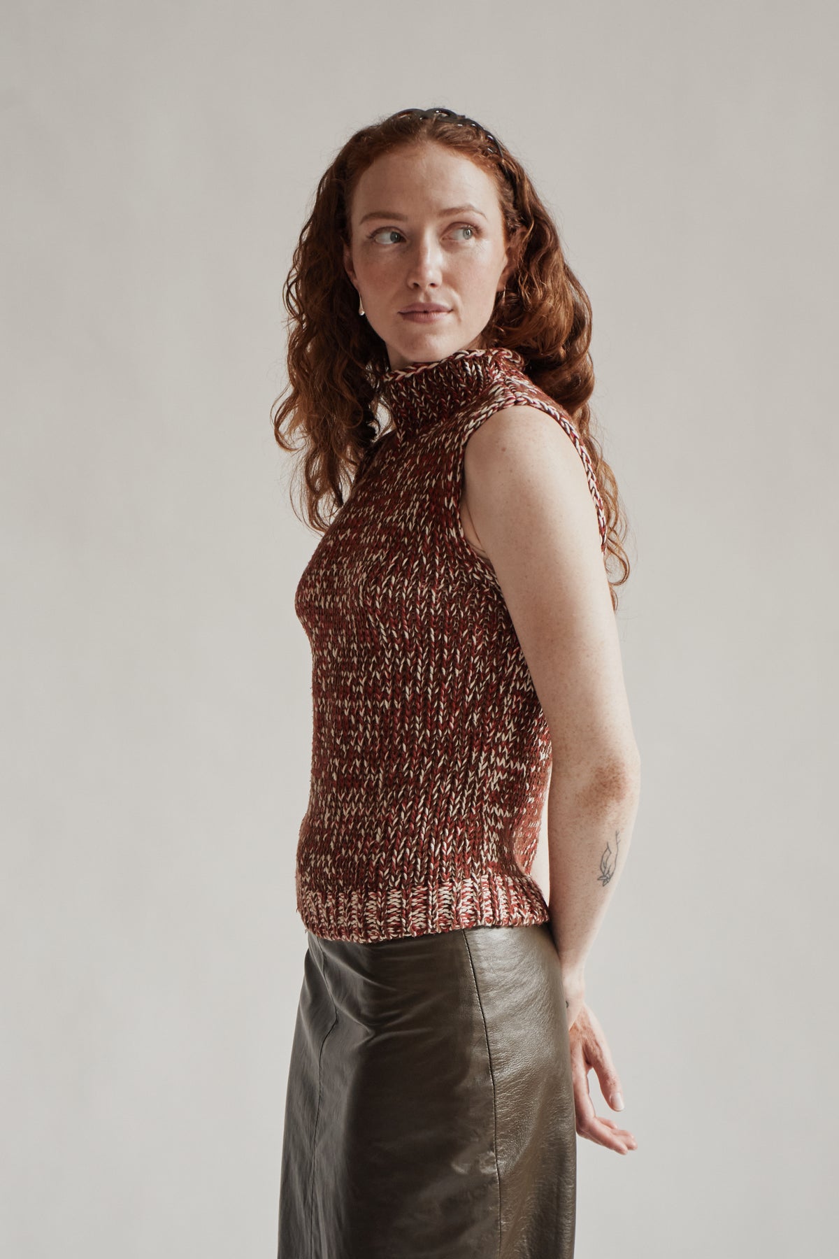 Red Marled Cotton Loose Knit Mockneck