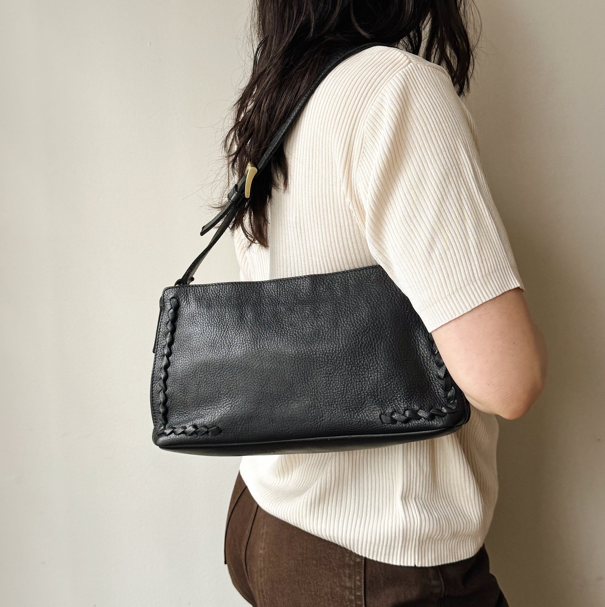 Soot Leather Braided Baguette Bag - Hey Jude