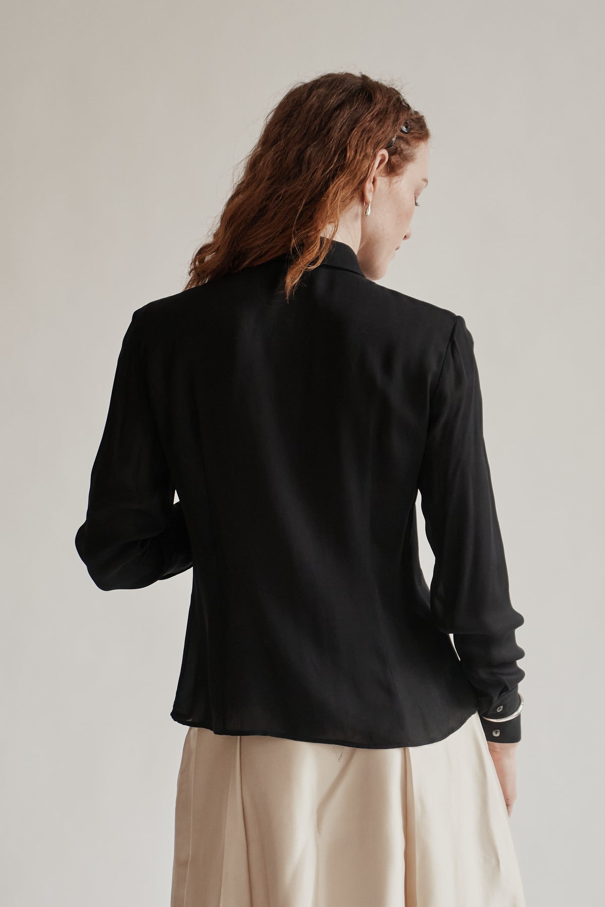 Black Sheer Silk Ruffle Blouse