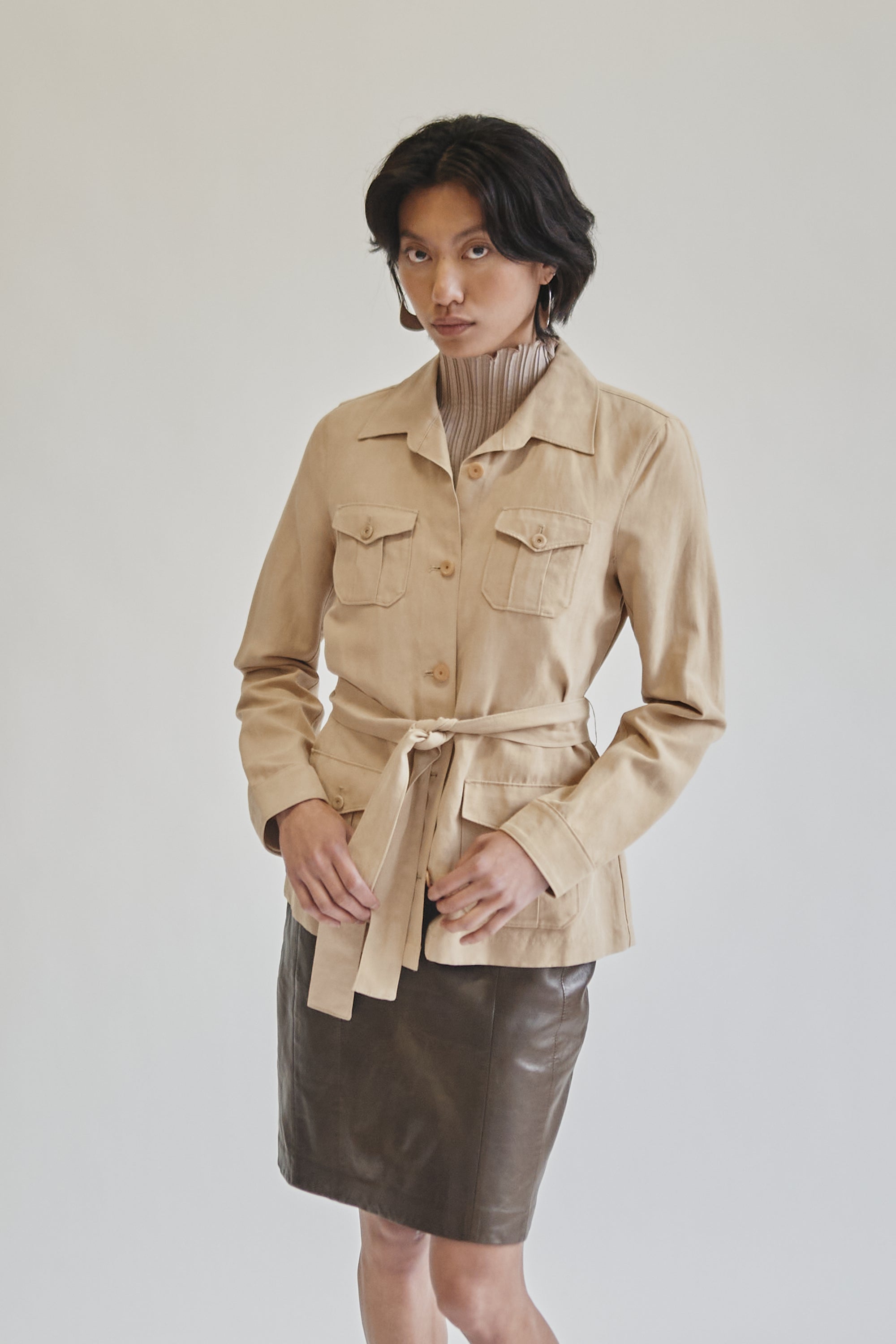 Camel Silk Belted Utility Jacket - Hey Jude