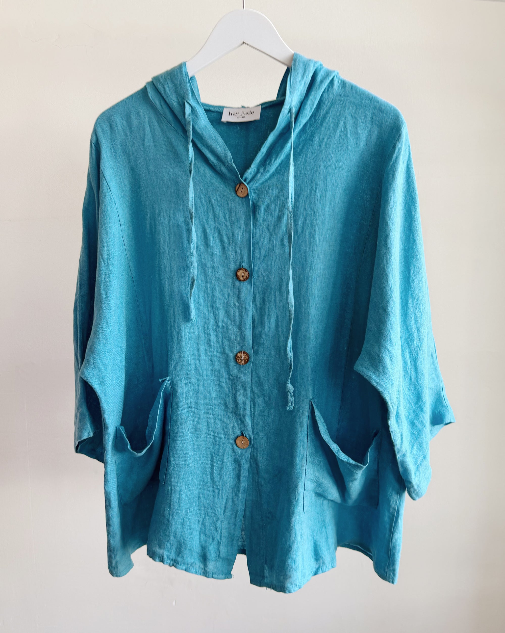 Turquoise Linen Hooded Jacket