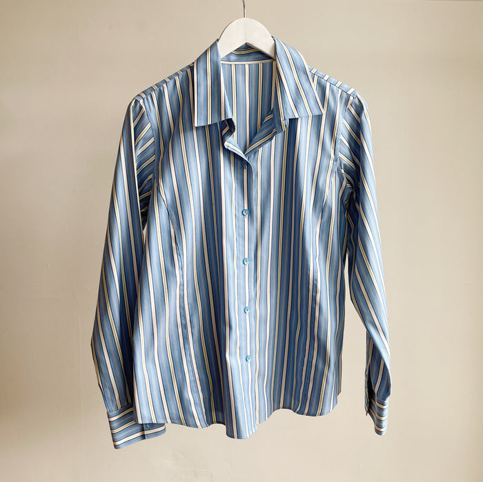 Blue + Green Cotton Striped Button Up
