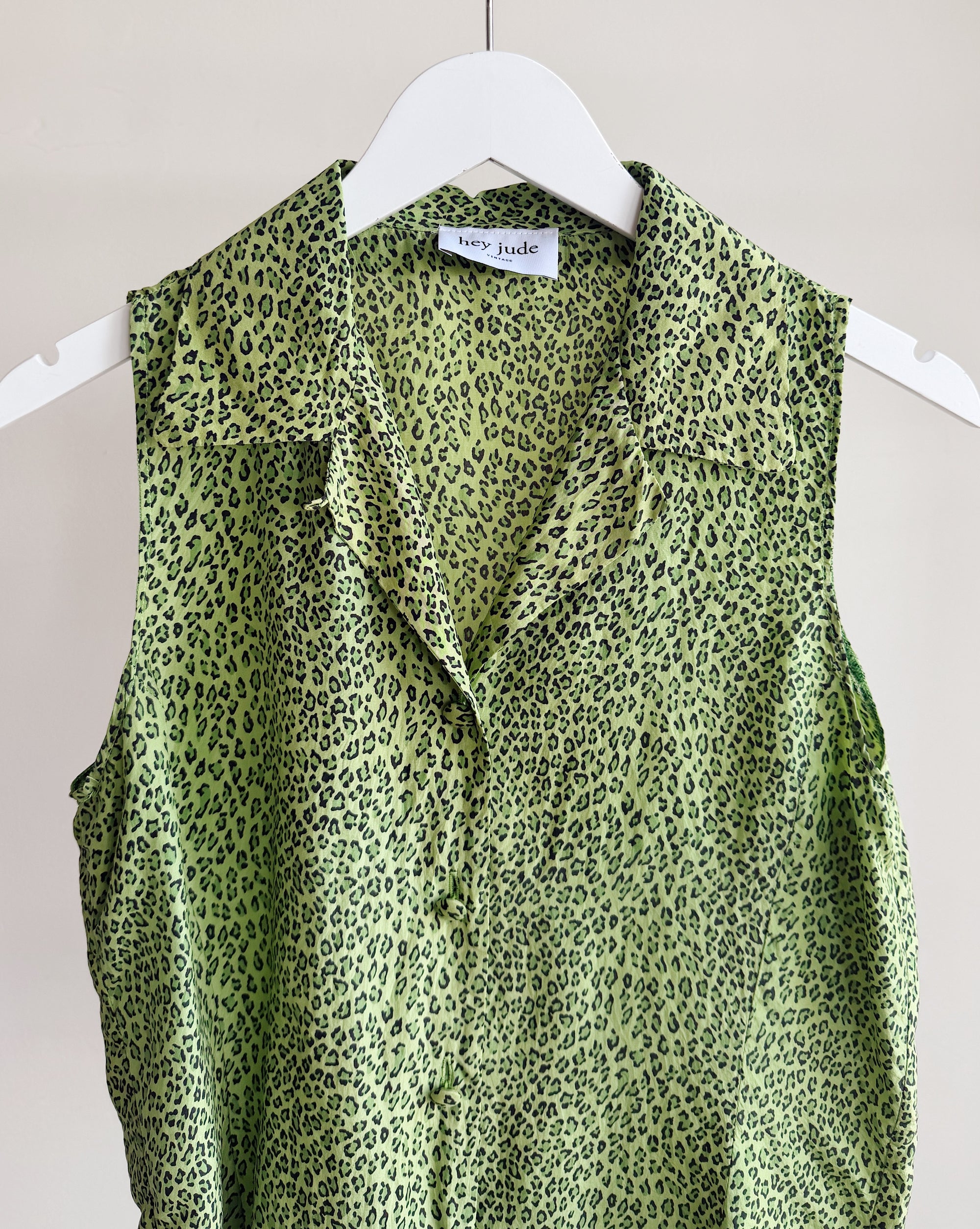 Green Leopard Silk Sleeveless Blouse