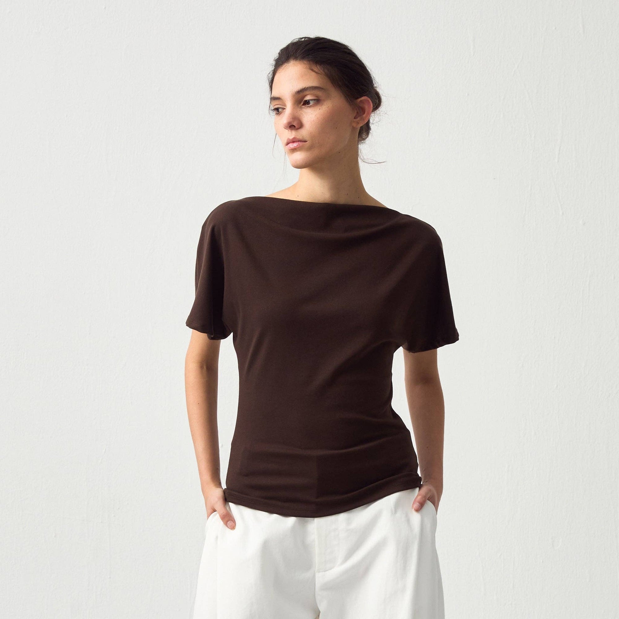 CUBIC - CUBIC Lyocell Blend Off-Shoulder Fitted Top: Brown / UN - Hey Jude