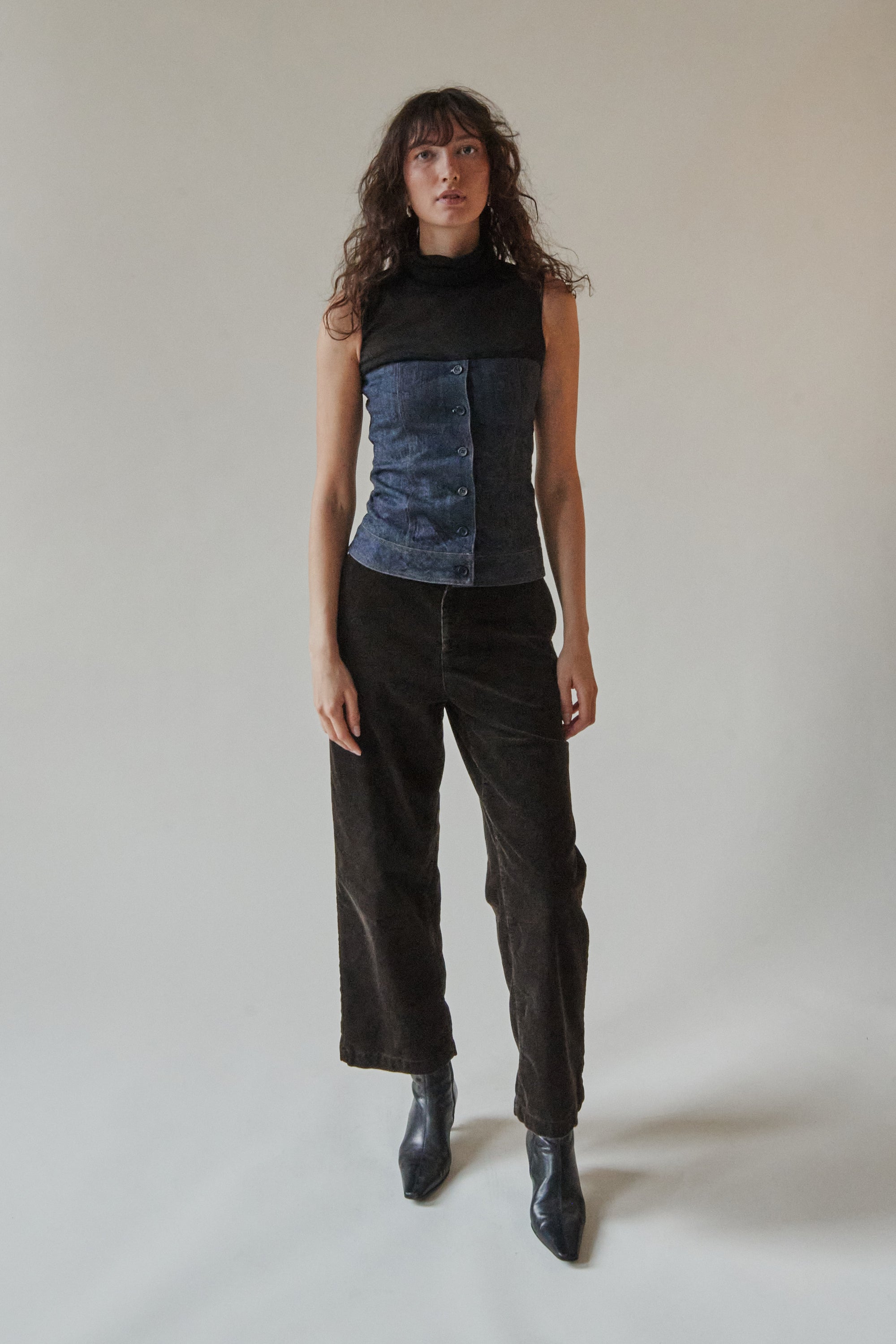 Denim + Fine Mesh Corset Top