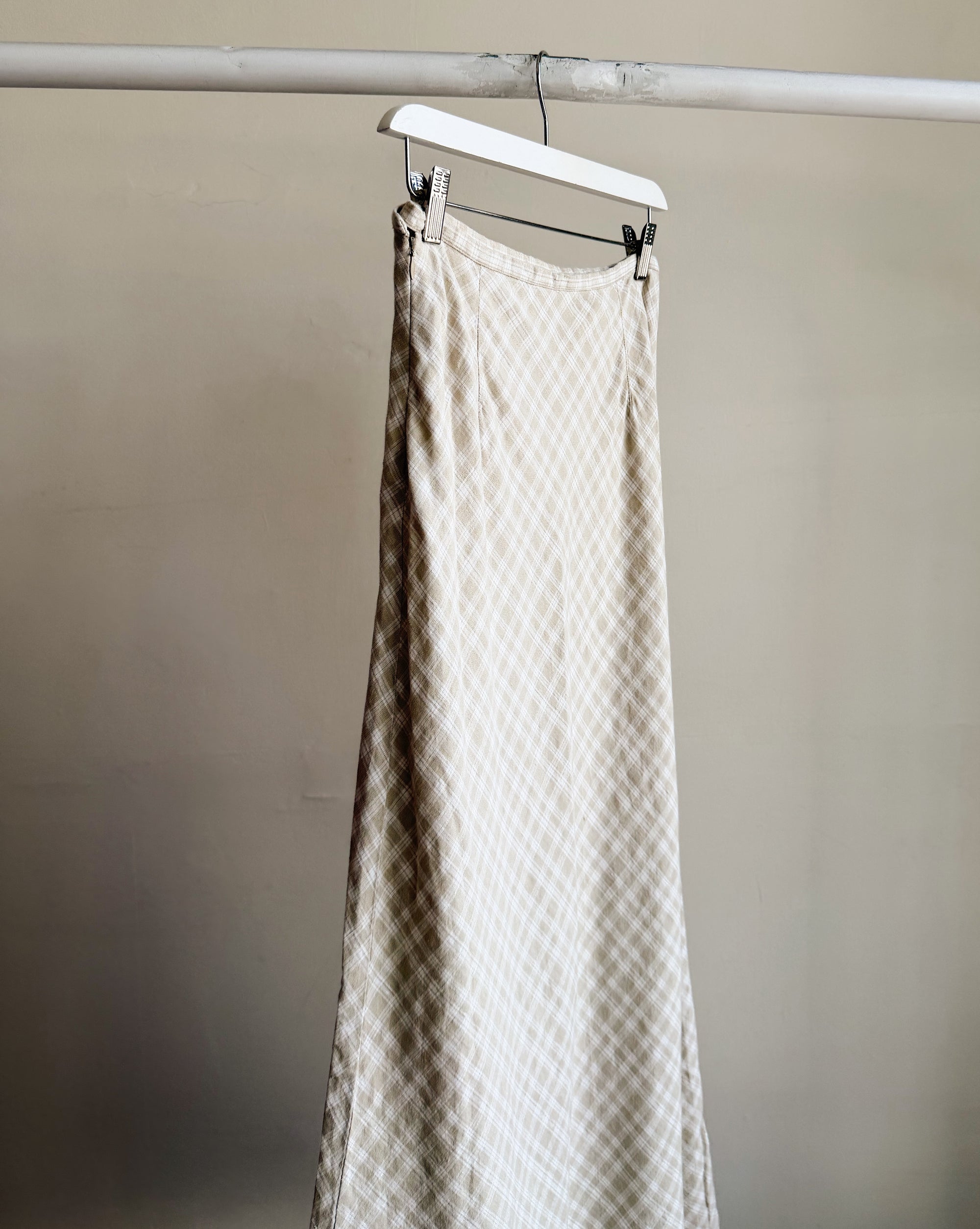 Plaid Linen Bias Cut Maxi Skirt