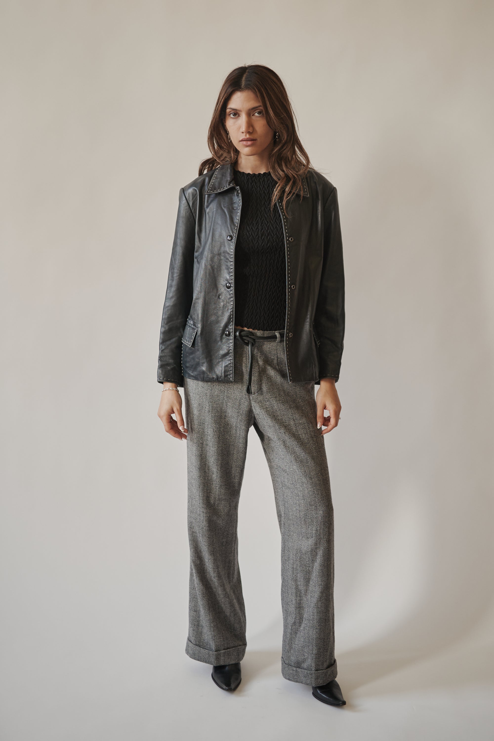 Navy Leather Whip Stitch Jacket