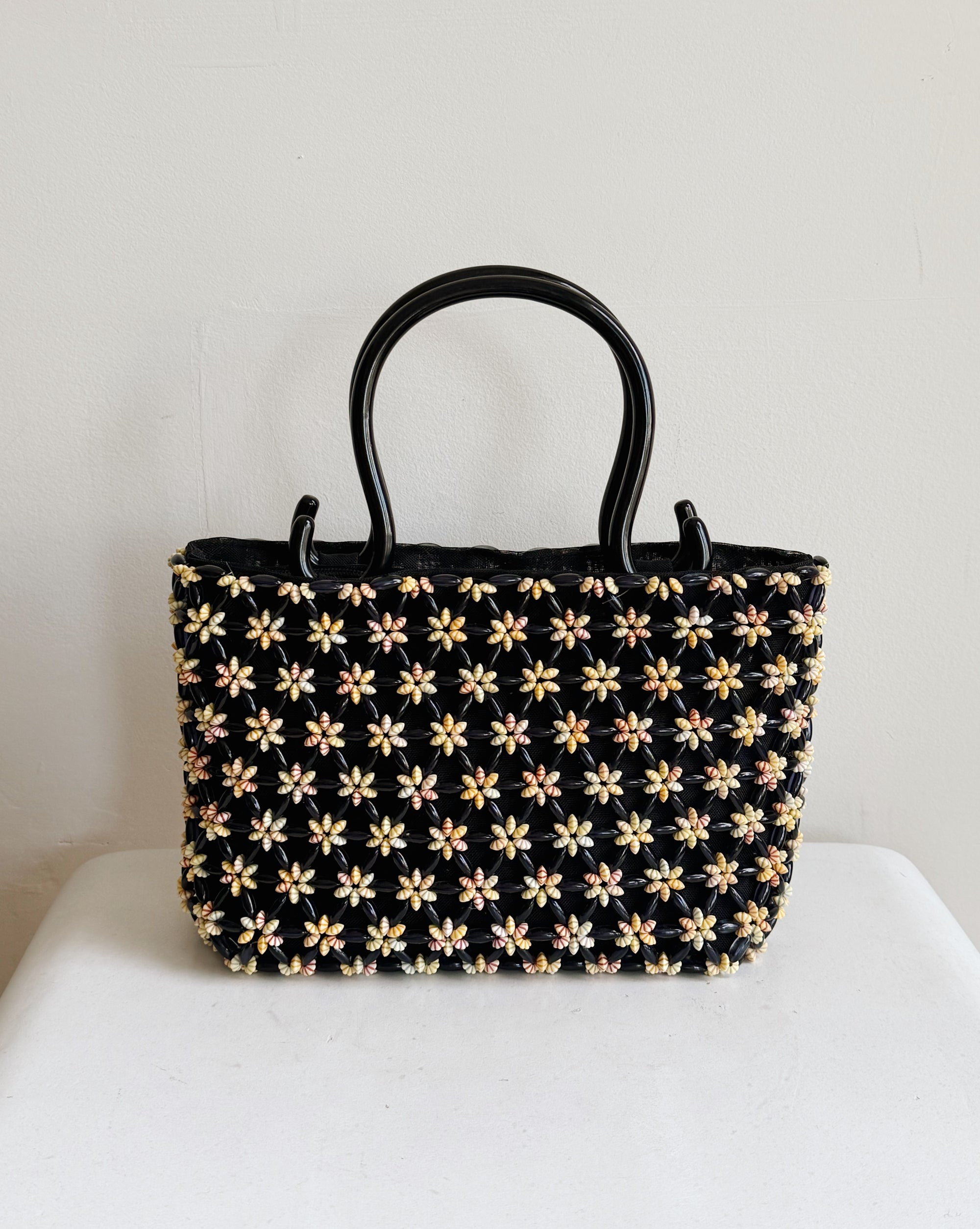 Floral Beaded Top Handle Bag