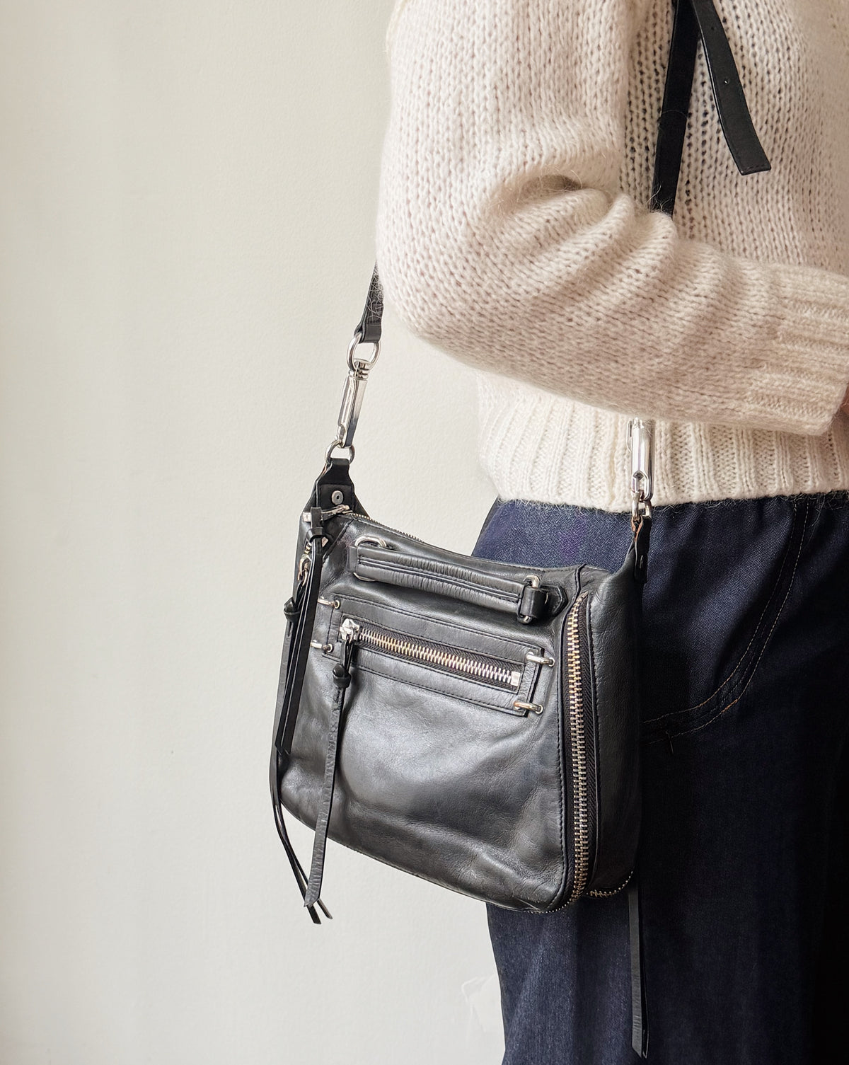 Onyx Silver Hardware Leather Crossbody Bag