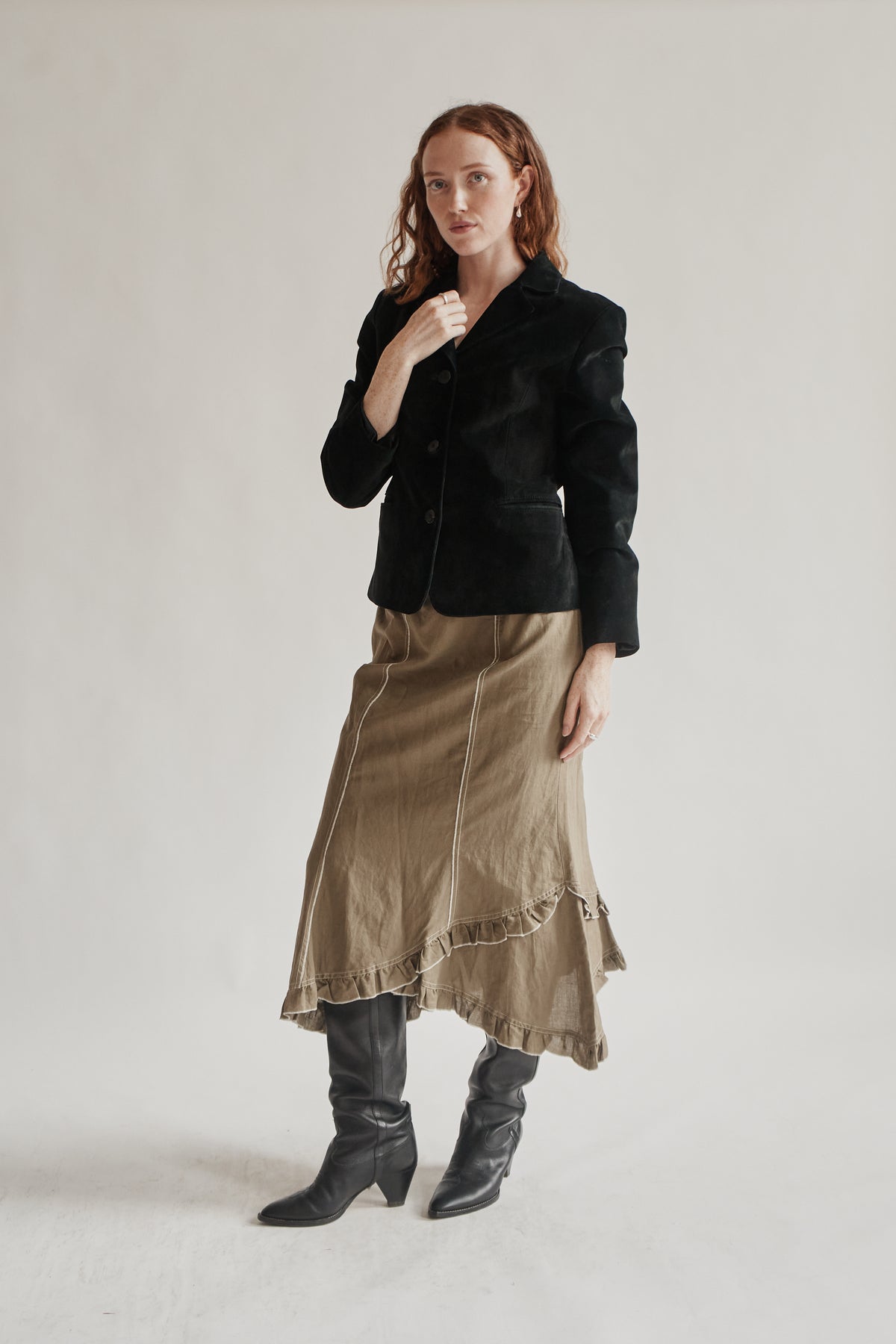 Moss Cotton Linen Ruffle Maxi Skirt