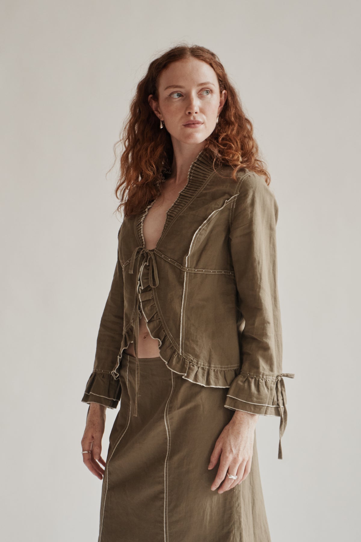 Moss Cotton + Linen Studded Pleated Jacket