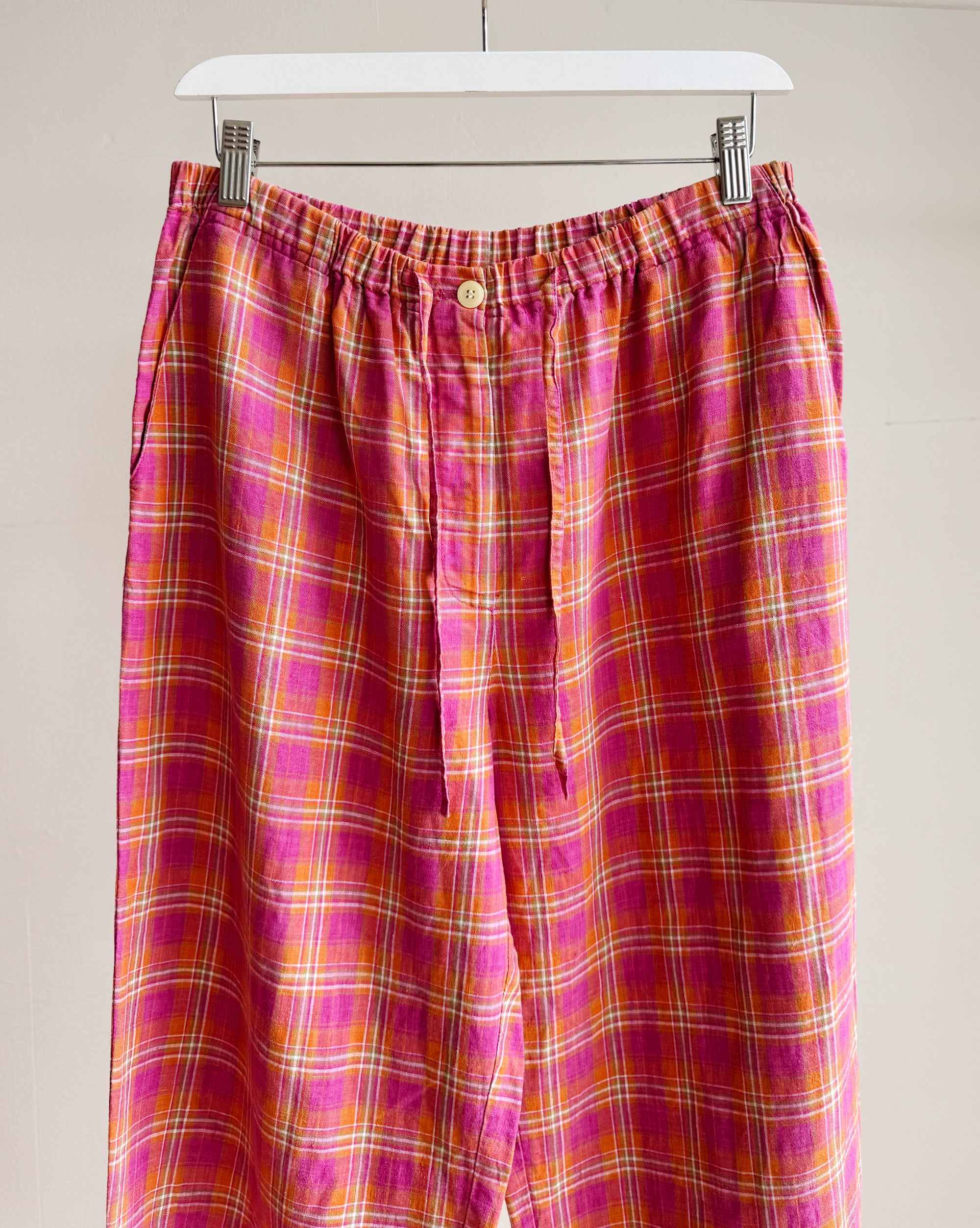 Fuchsia Plaid Linen Easy Pants