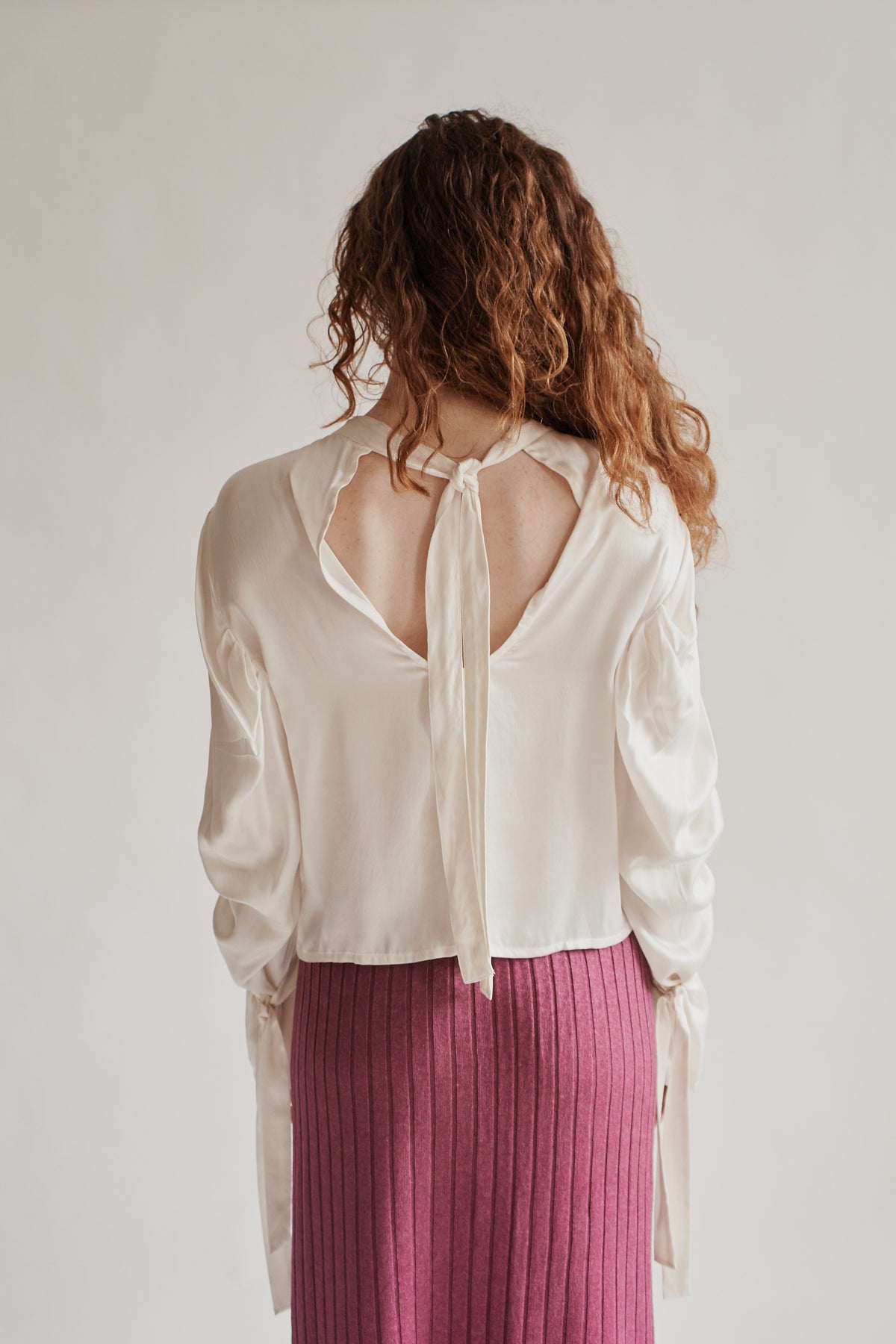 Ivory Draped Silk Tie Blouse