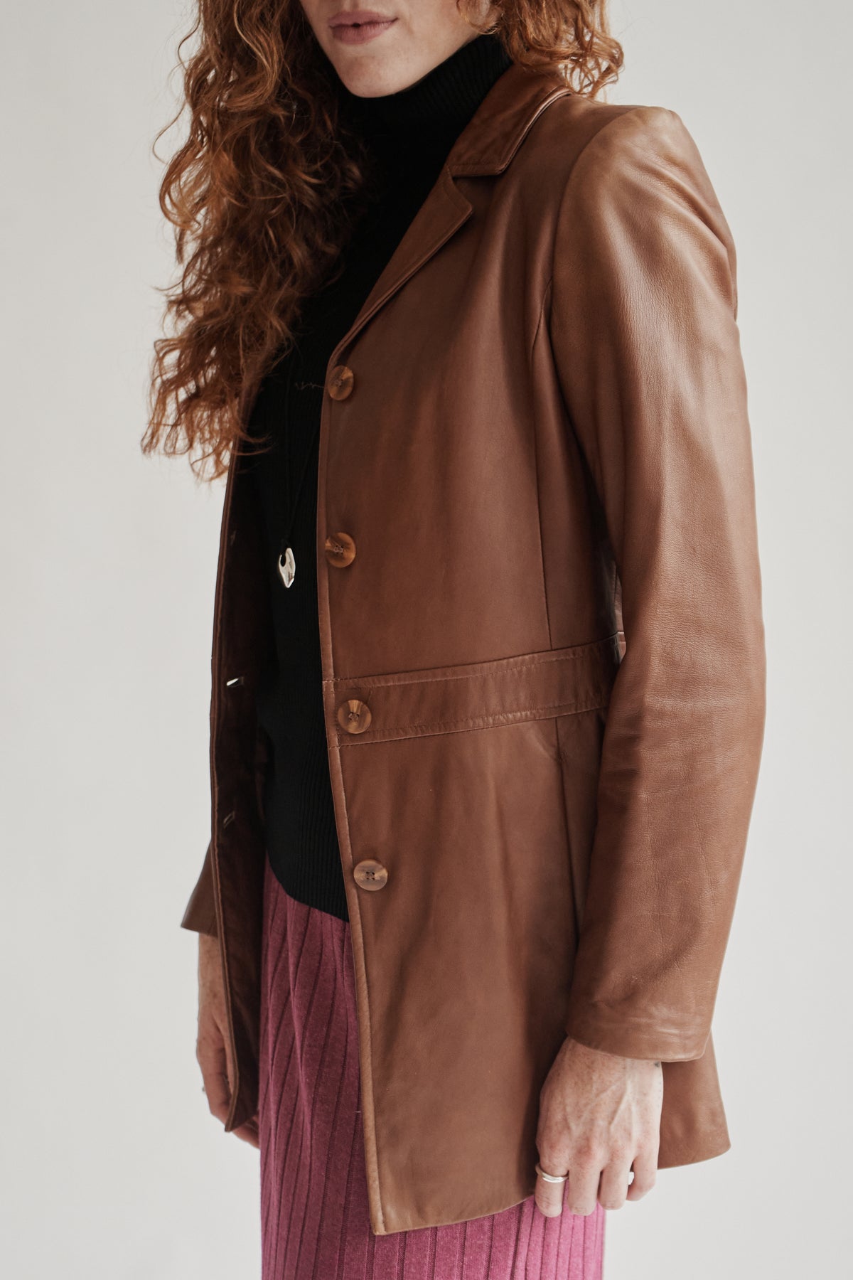 Cognac Leather Midi Jacket