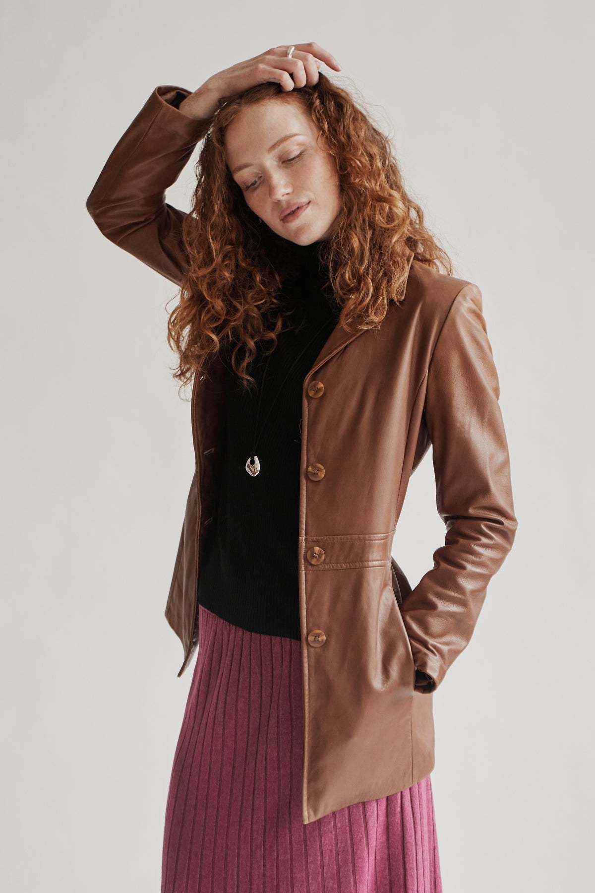 Cognac Leather Midi Jacket