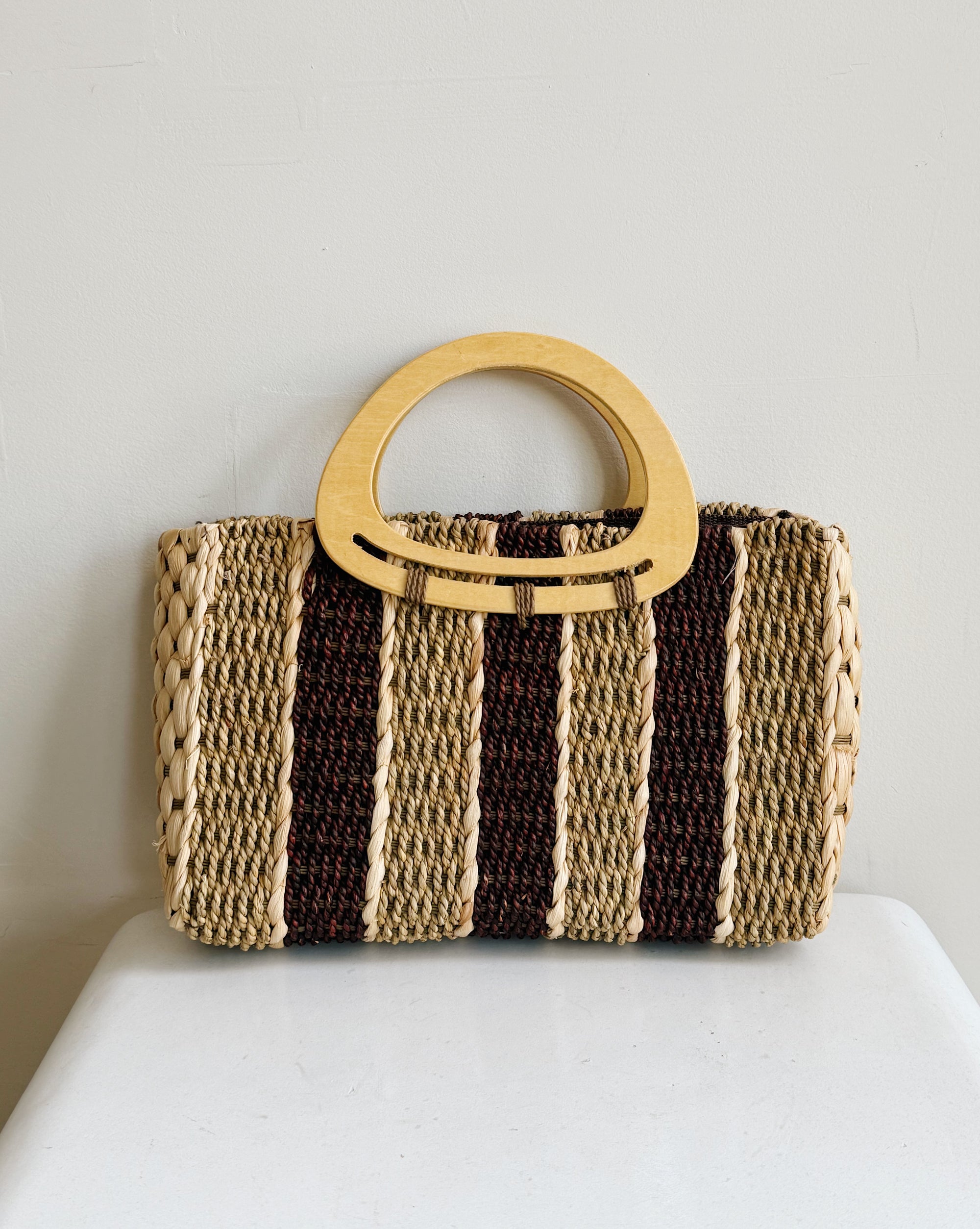 Burgundy Striped Woven Straw Handbag