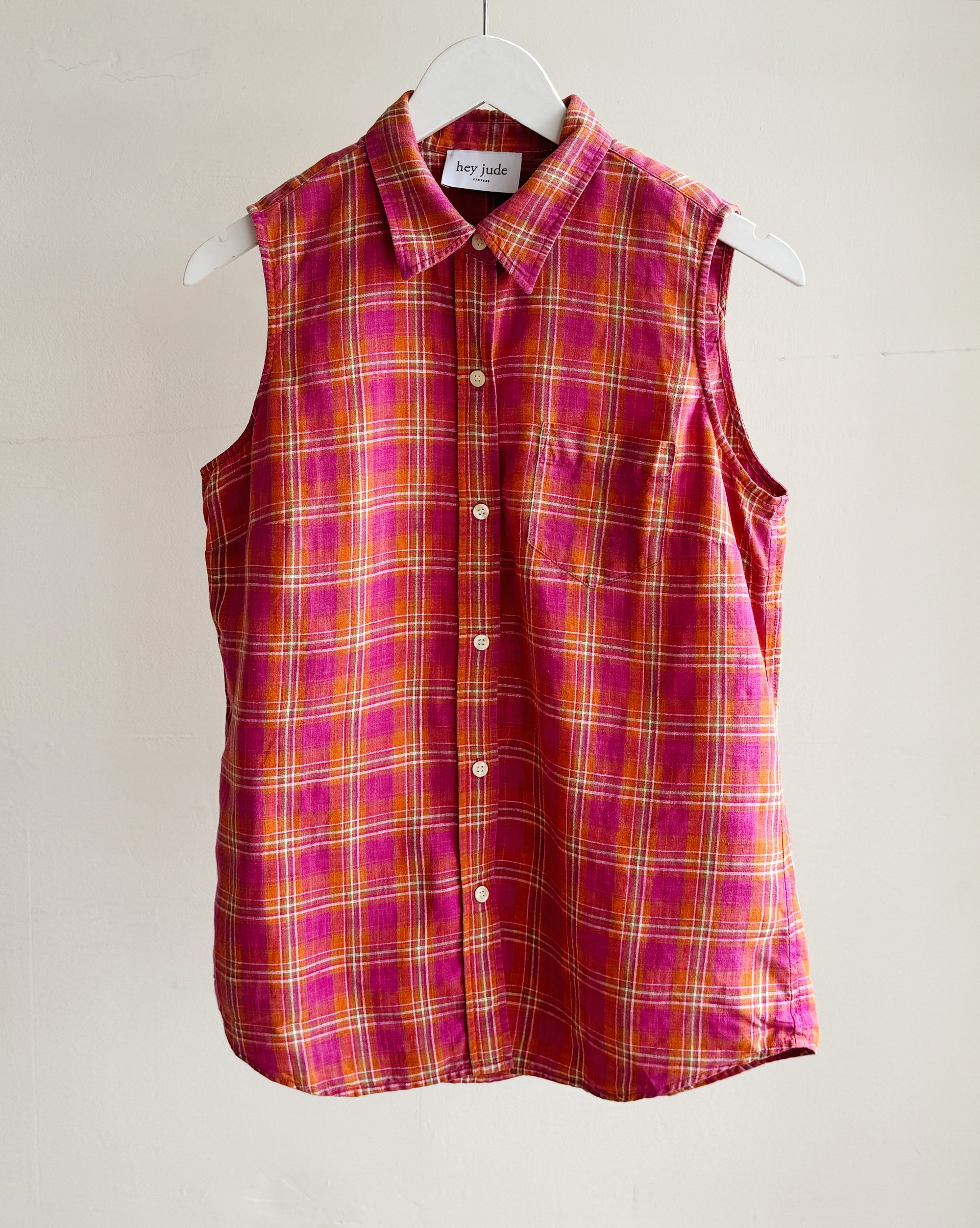 Fuchsia Plaid Linen Button Up