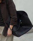 Italian Leather Braided Tote in Black