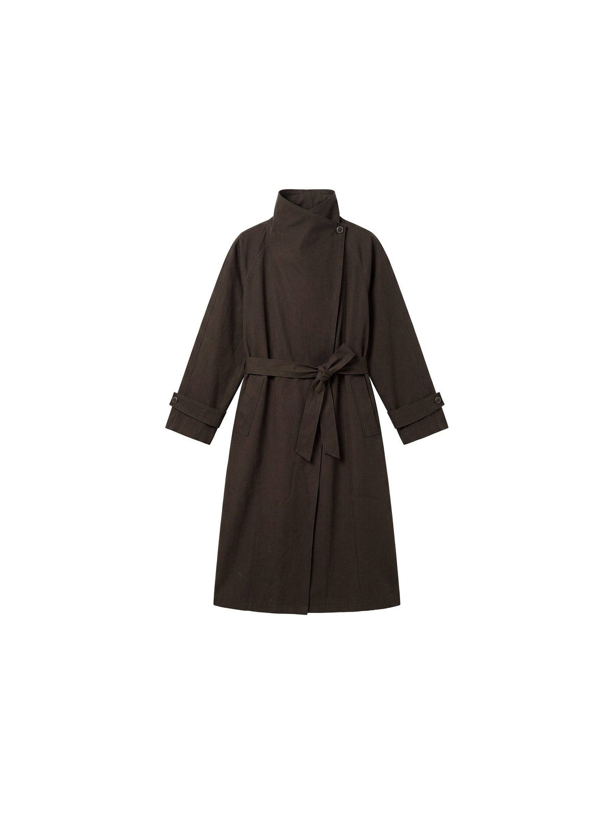 CUBIC | Stand Collar Belted Long Trench Coat in Reddish Brown