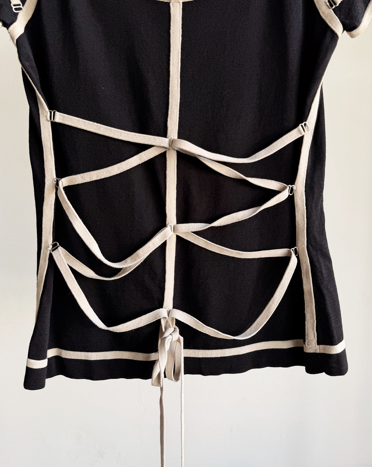 Black Short Sleeve Knit with Cream Piping