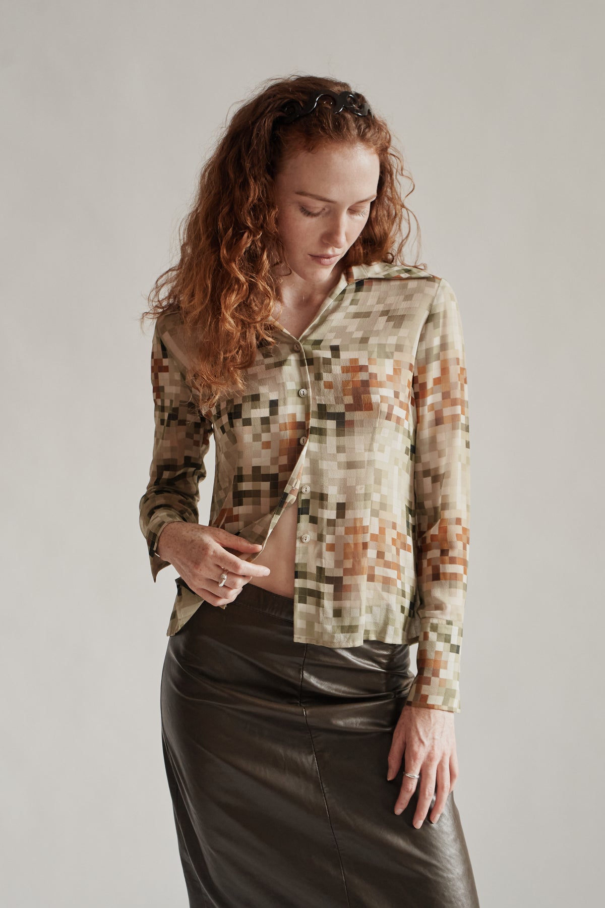 Clover Pixel Print Sheer Silk Blouse